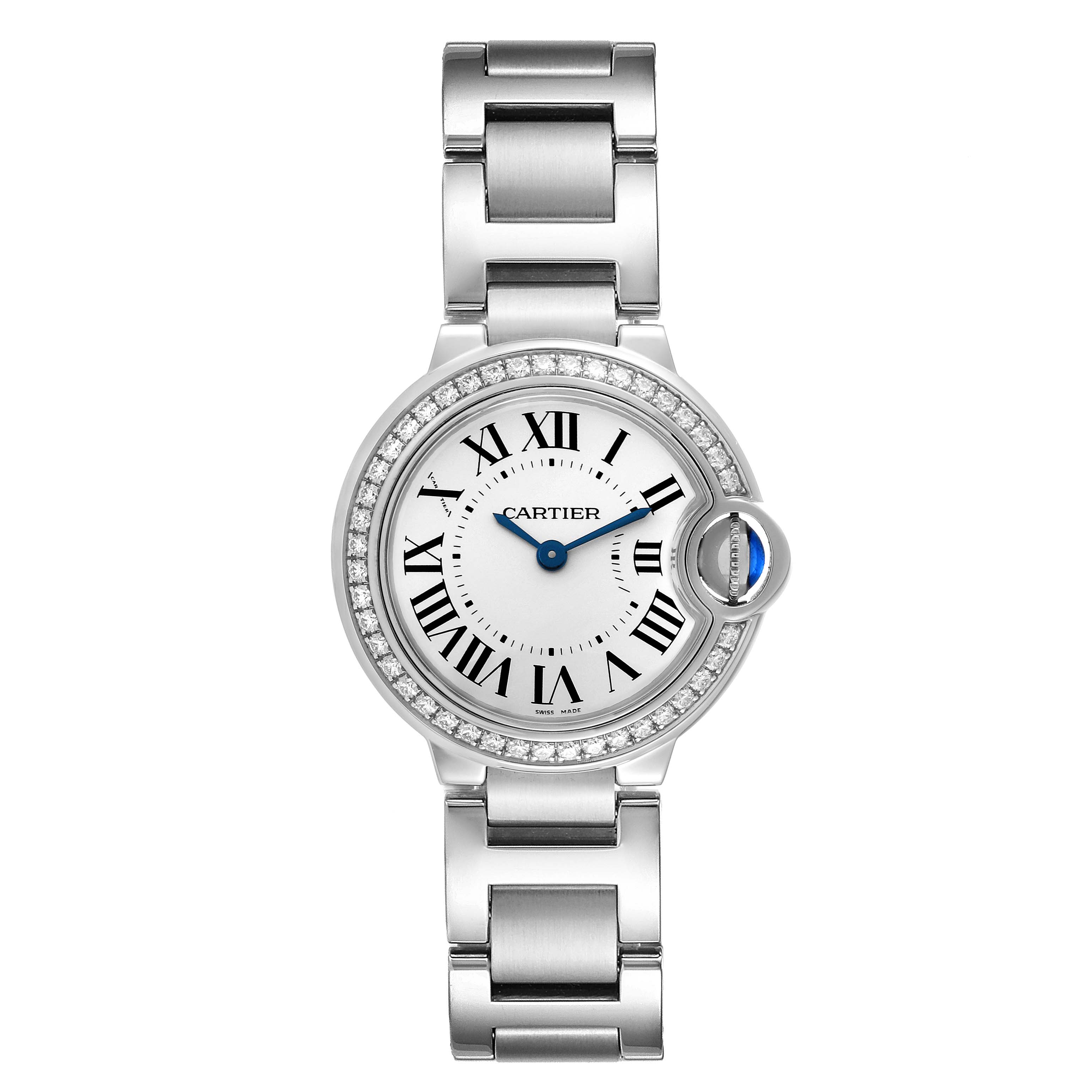 The image shows a front view of the Ballon Bleu model by Cartier, highlighting the dial, bracelet, and diamond bezel.