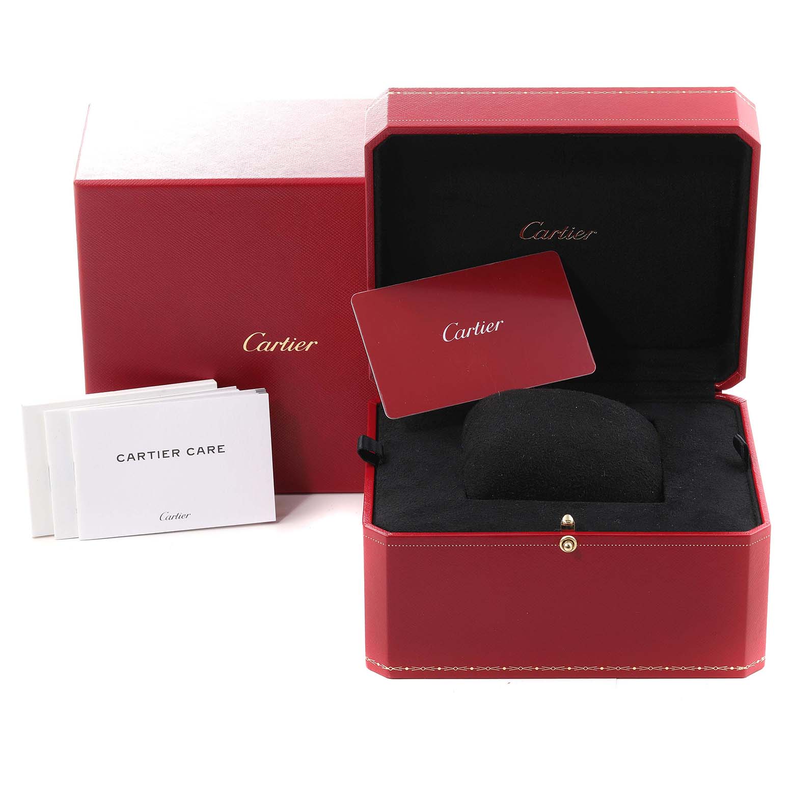 The image shows the packaging and accessories of a Cartier Ballon Bleu W4BB0015 Women's Stainless Steel Silver Dial W4BB0015 Women's Stainless Steel Silver Dial watch, including the box, cushion, card, and care booklet.