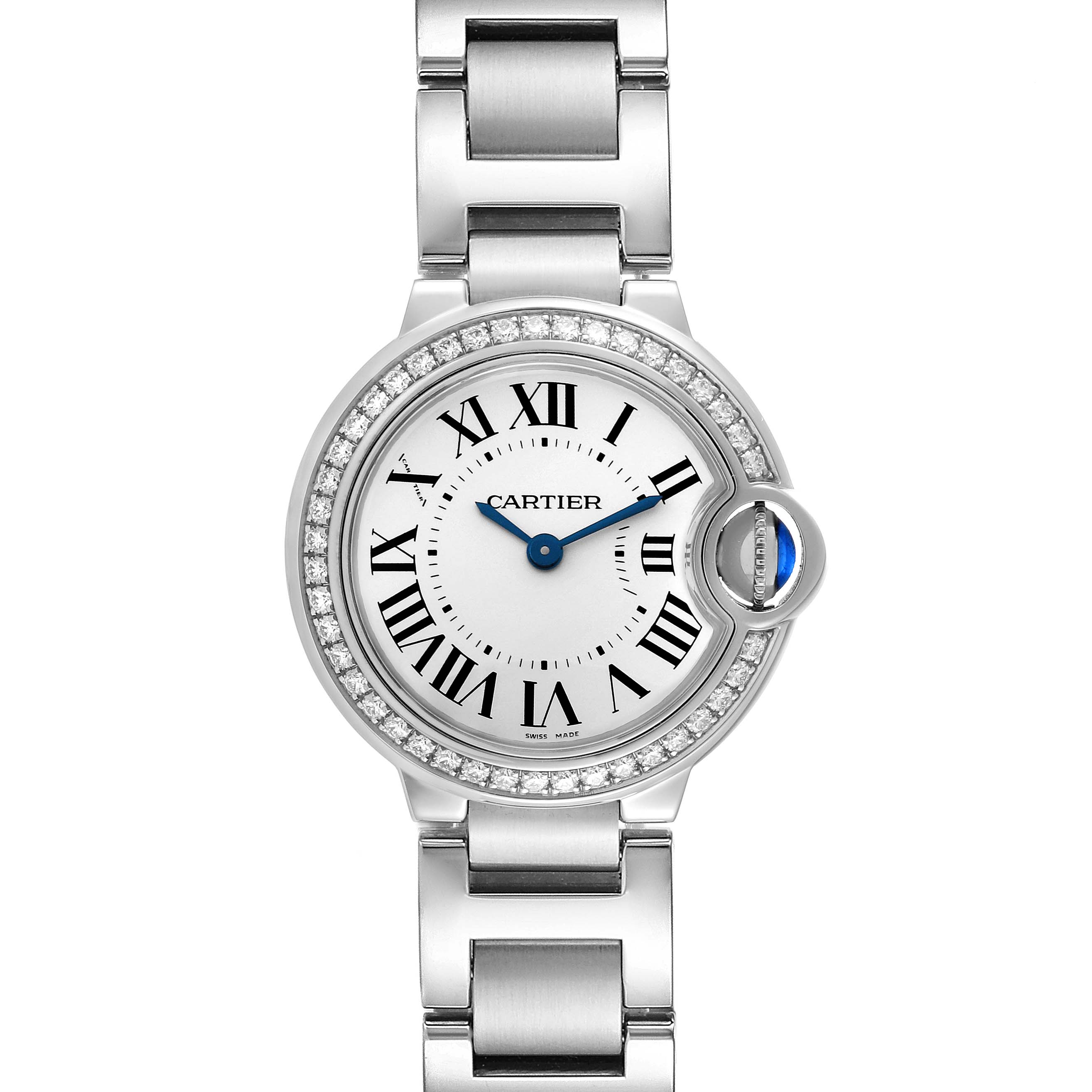 The Cartier Ballon Bleu W4BB0015 Women's Stainless Steel Silver Dial W4BB0015 Women's Stainless Steel Silver Dial watch is shown from a front angle, highlighting its face, bezel, and bracelet.