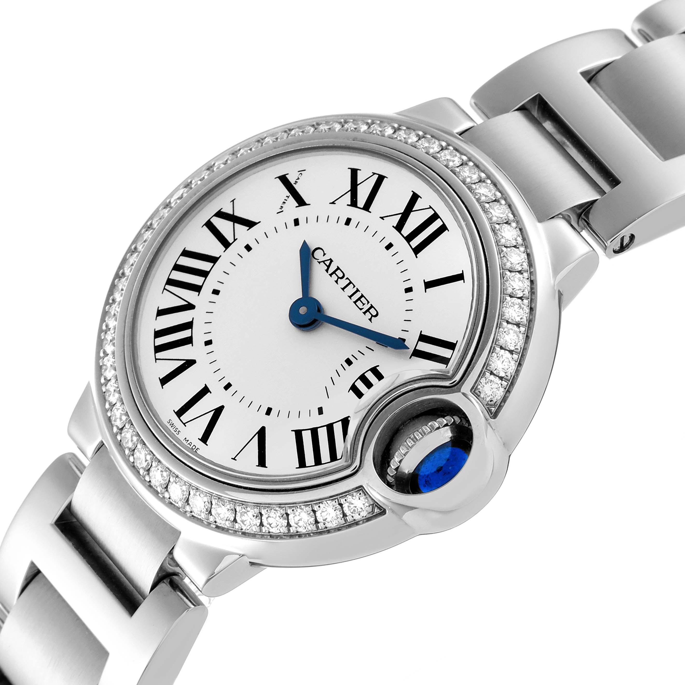 The Cartier Ballon Bleu W4BB0015 Women's Stainless Steel Silver Dial W4BB0015 Women's Stainless Steel Silver Dial watch is shown at a slight angle, highlighting its face, bracelet, and diamond bezel.