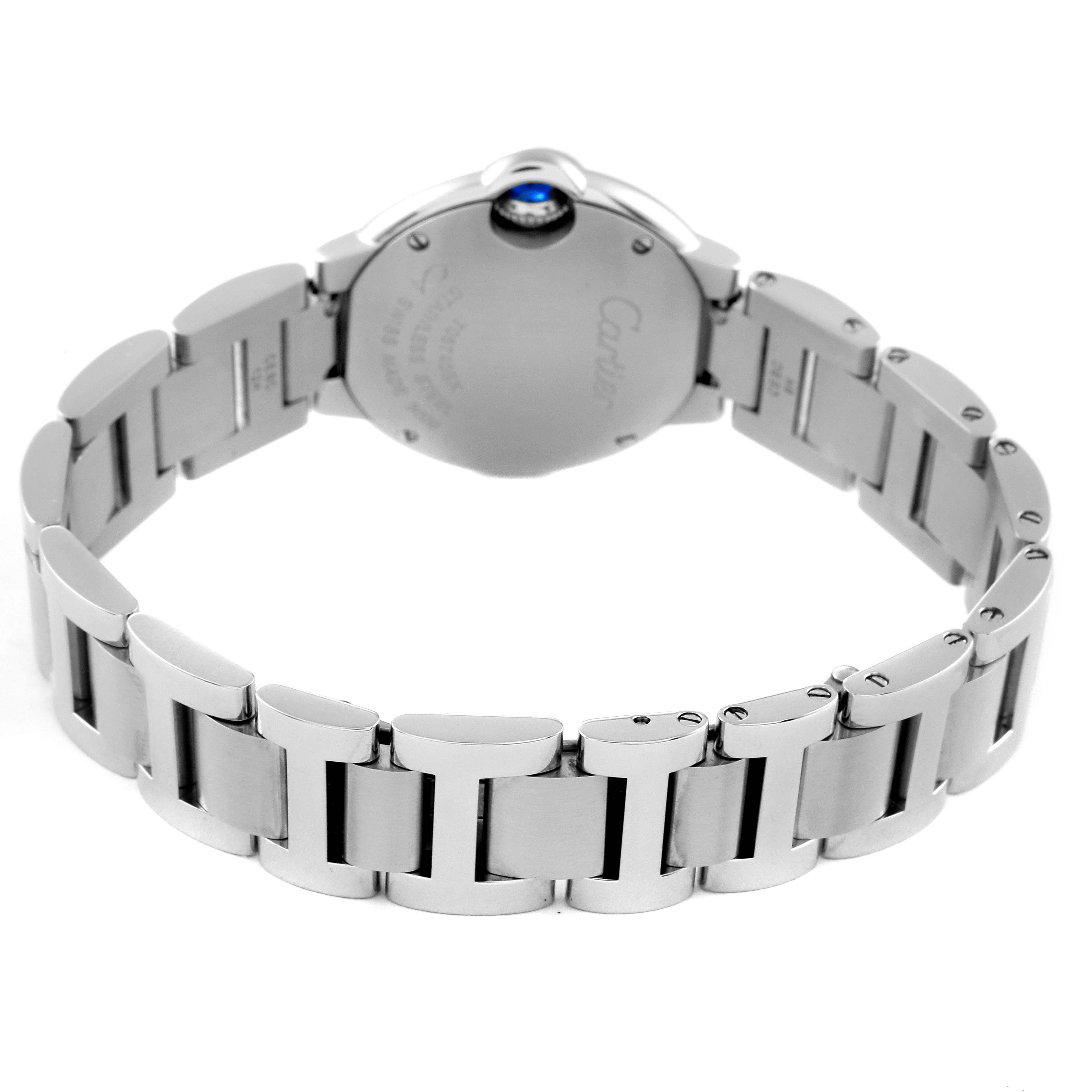 This image shows the back view of a Ballon Bleu model by Cartier, highlighting the bracelet and case back.