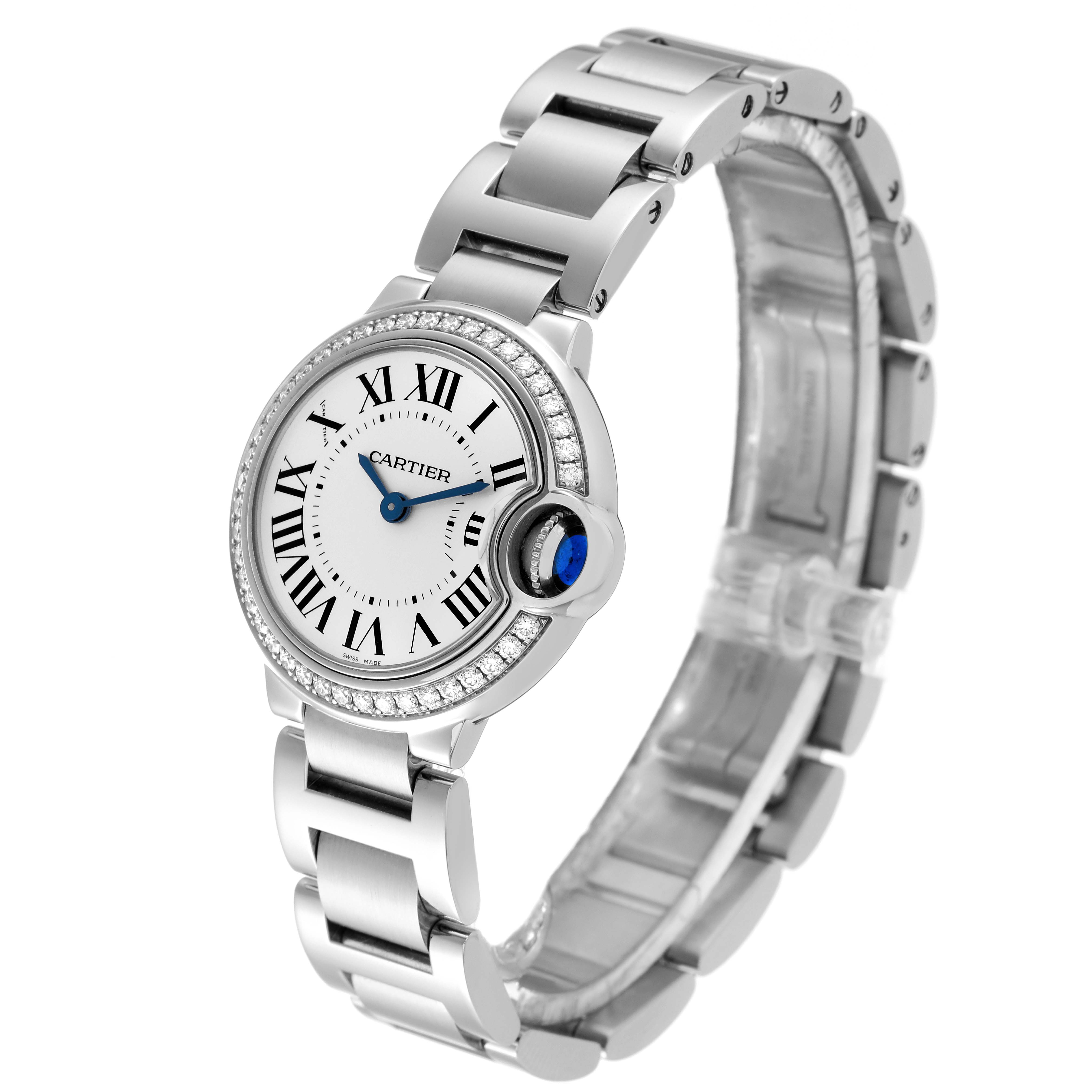 The image shows a Cartier Ballon Bleu W4BB0015 Women's Stainless Steel Silver Dial W4BB0015 Women's Stainless Steel Silver Dial watch at an angled view, highlighting the face, bezel, bracelet, and cabochon crown.