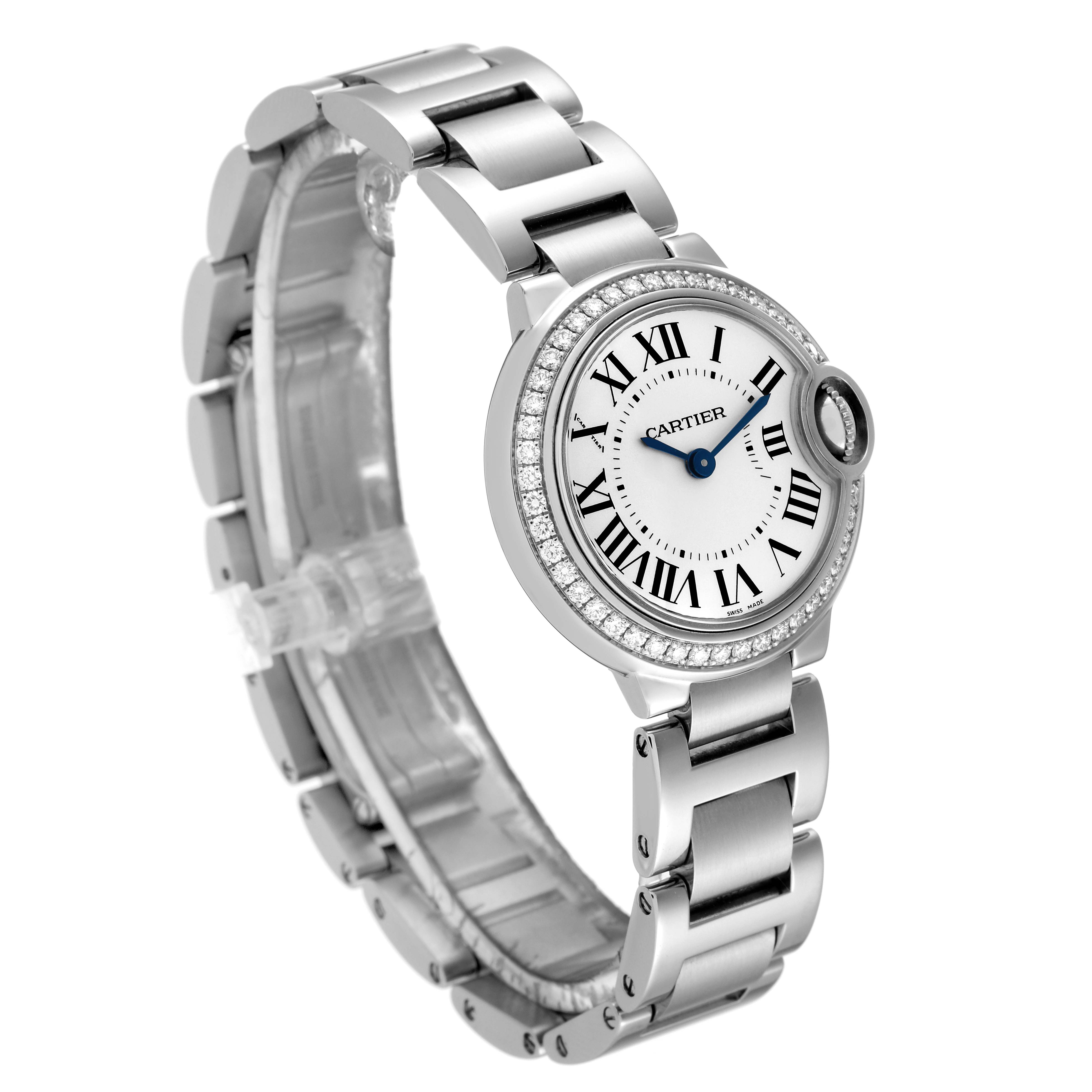 The Cartier Ballon Bleu W4BB0015 Women's Stainless Steel Silver Dial W4BB0015 Women's Stainless Steel Silver Dial watch is shown at an angle displaying the face, bracelet, and diamond-studded bezel.
