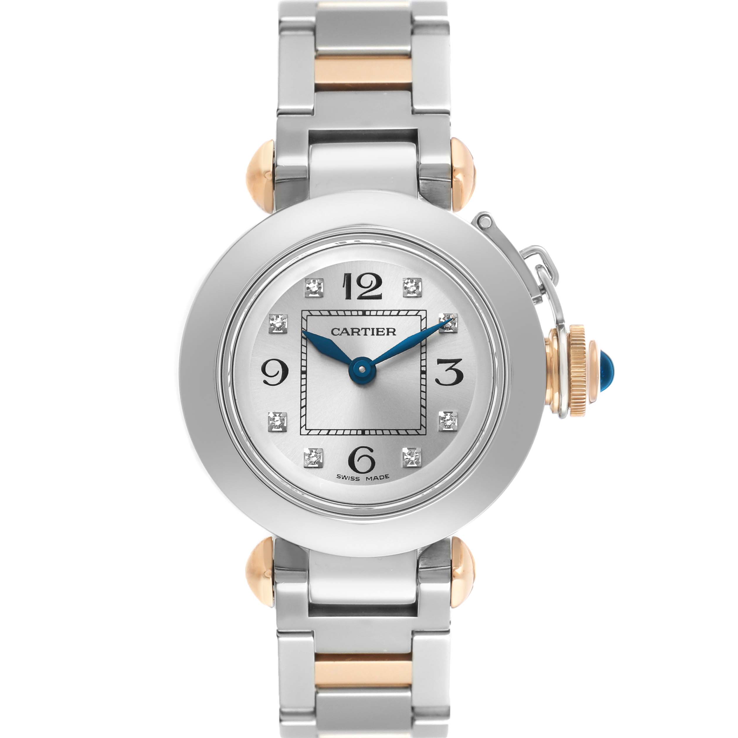 The Cartier Pasha WJ124020 Women's Steel and Gold (two tone) Silver Dial watch is shown from the front, highlighting the face, bezel, crown cap, and bracelet.