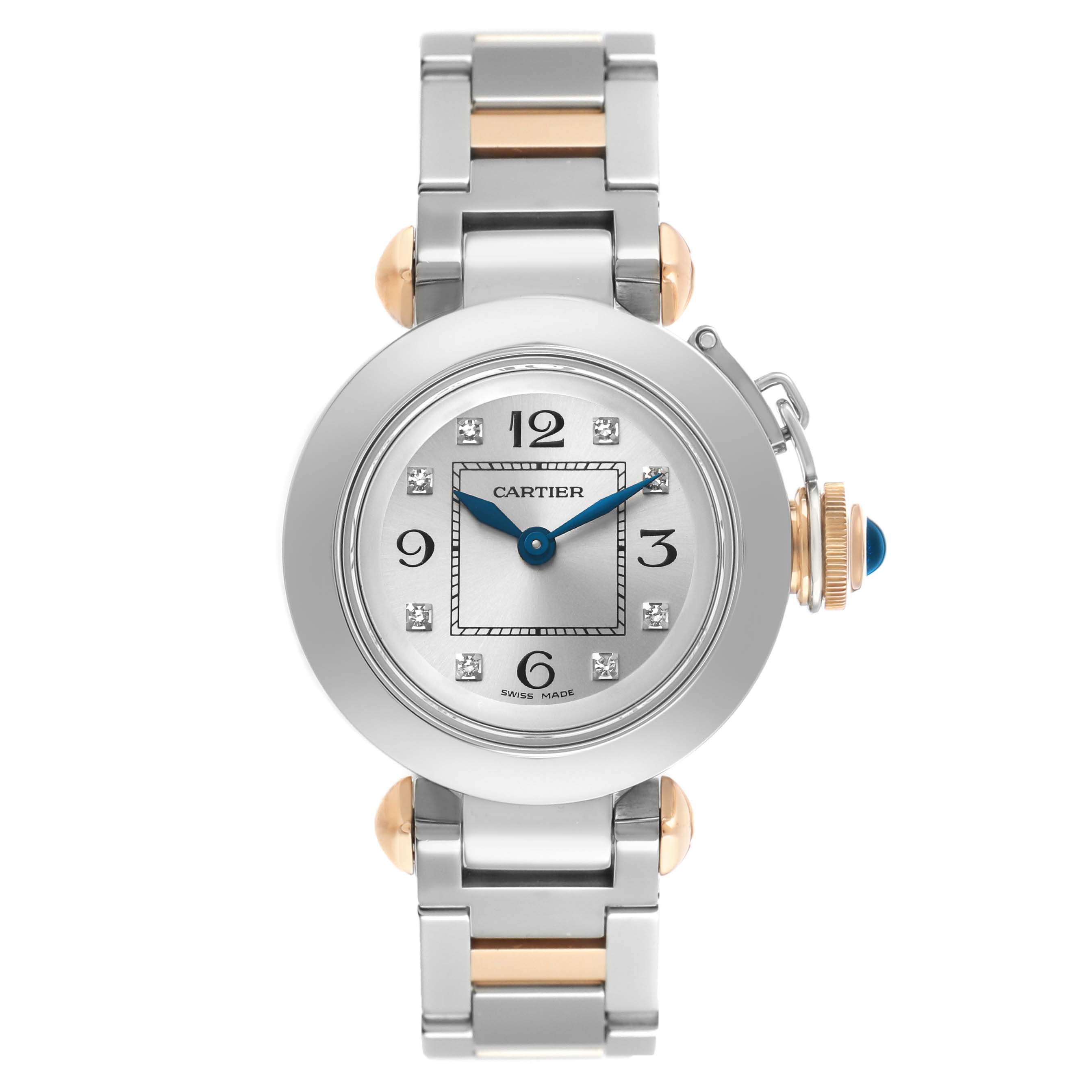 The Cartier Pasha WJ124020 Women's Steel and Gold (two tone) Silver Dial watch is shown from the front, highlighting its round face, silver and gold bracelet, and blue crown.