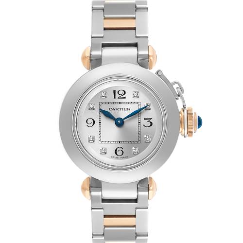 The Cartier Pasha WJ124020 Women's Steel and Gold (two tone) Silver Dial watch is shown from a front angle, highlighting the dial, bezel, crown, and bracelet.