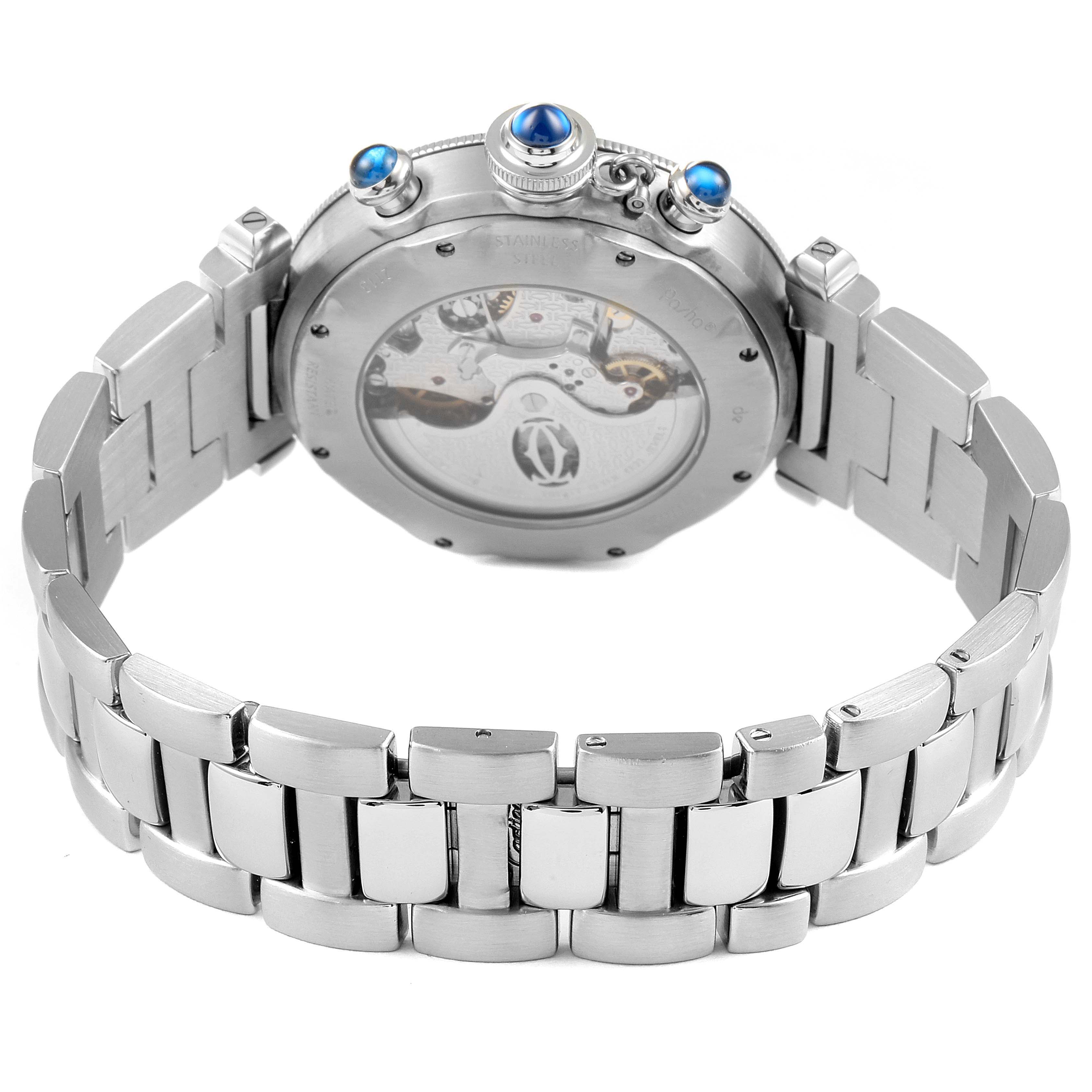 The image shows the back and bracelet of a Cartier Pasha W31030H3 Men
s Stainless Steel Silver Dial W31030H3 Men
s Stainless Steel Silver Dial watch, highlighting its stainless steel casing and visible movement.