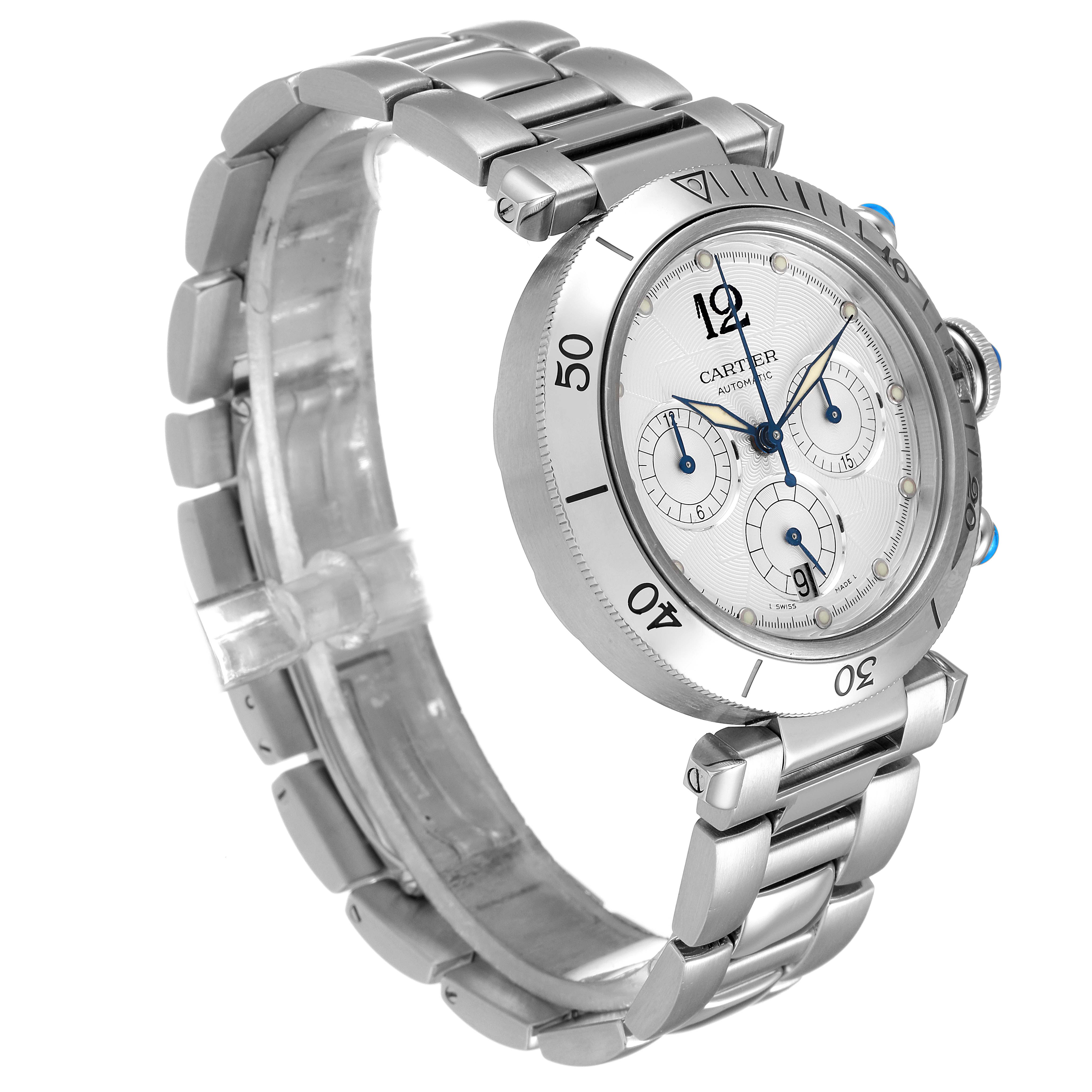 The image shows a side view of the Cartier Pasha W31030H3 Men
s Stainless Steel Silver Dial W31030H3 Men
s Stainless Steel Silver Dial watch, displaying the dial, bezel, bracelet, and chronograph subdials.