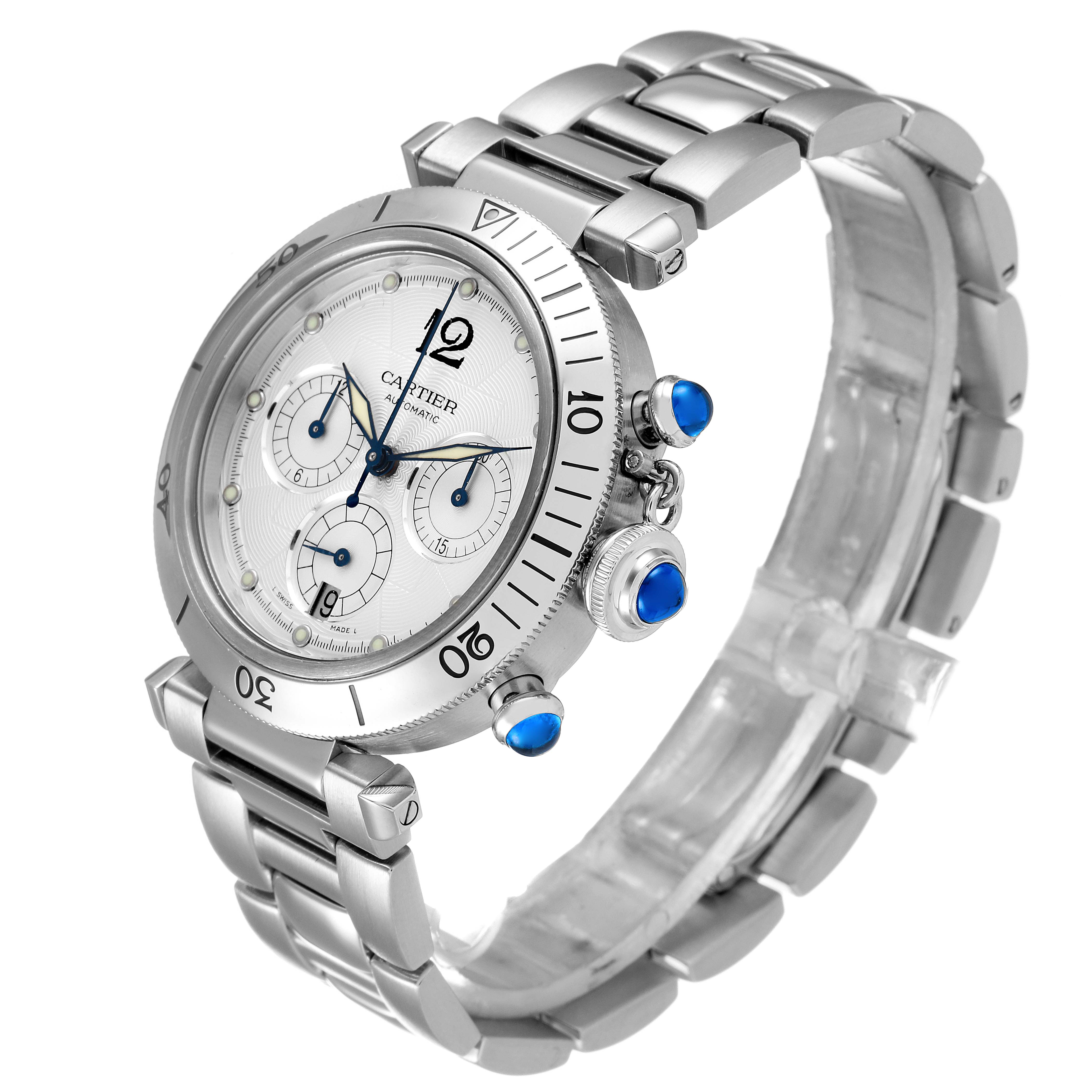 The image displays a Cartier Pasha W31030H3 Men
s Stainless Steel Silver Dial W31030H3 Men
s Stainless Steel Silver Dial watch from a three-quarter angle, highlighting its face, bezel, crown, and bracelet.