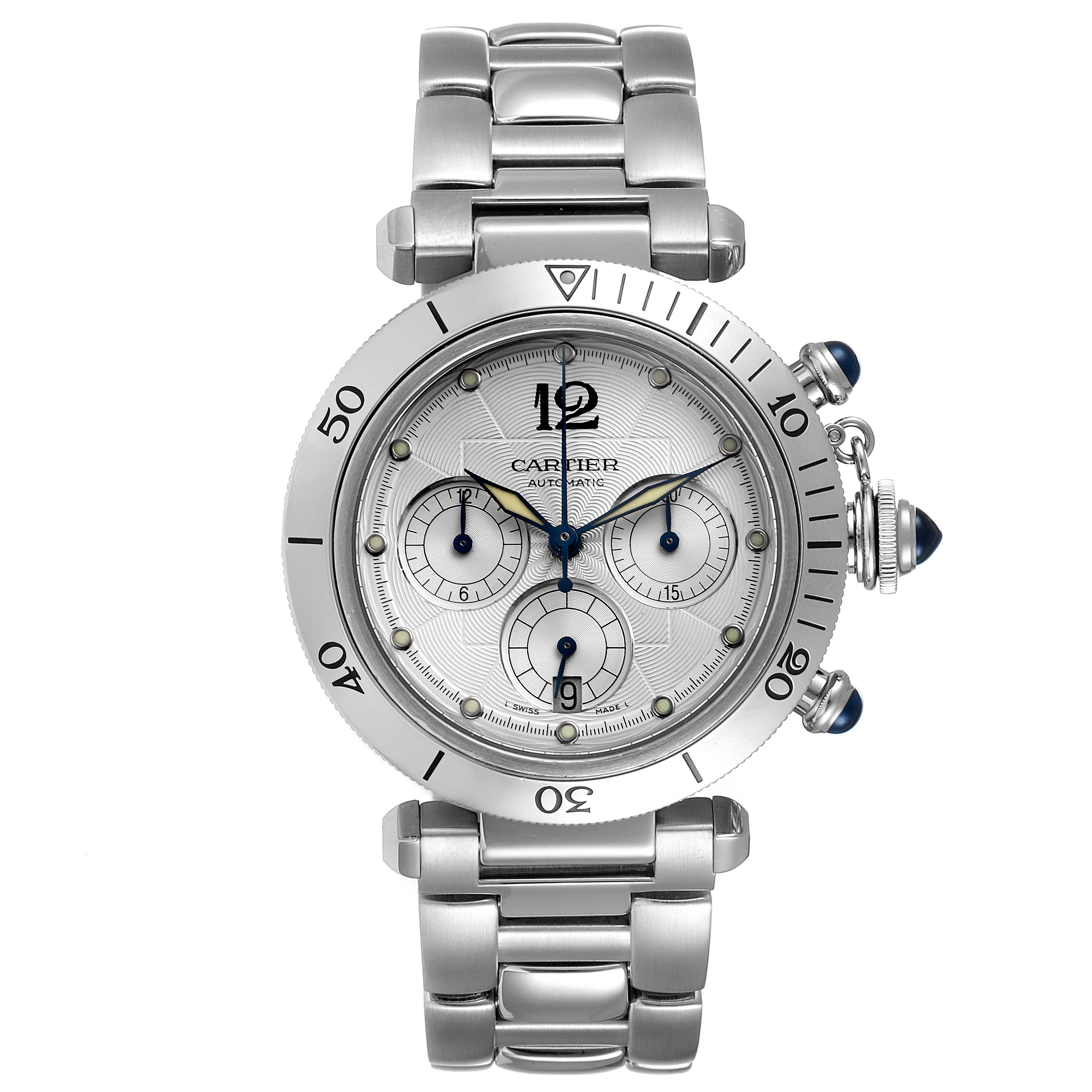 This is a front view of the Cartier Pasha W31030H3 Men
s Stainless Steel Silver Dial W31030H3 Men
s Stainless Steel Silver Dial watch, showing its face, bezel, and stainless steel bracelet.