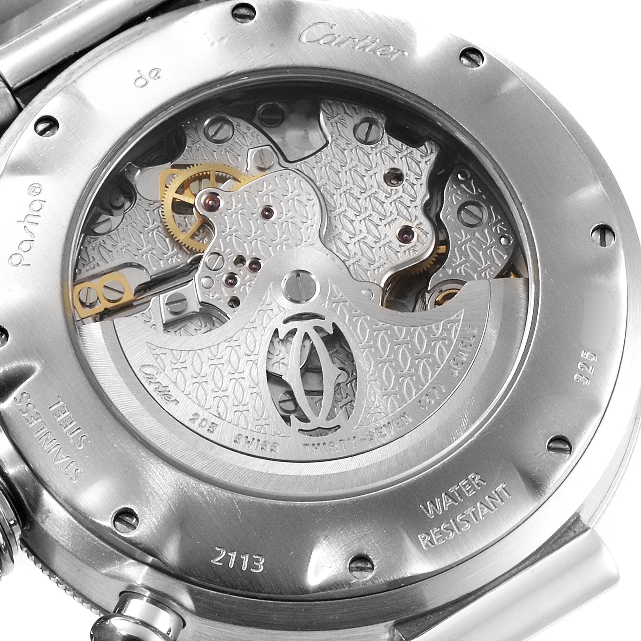 This image shows the back view of the Cartier Pasha W31030H3 Men
s Stainless Steel Silver Dial W31030H3 Men
s Stainless Steel Silver Dial watch, revealing its intricate internal mechanism.