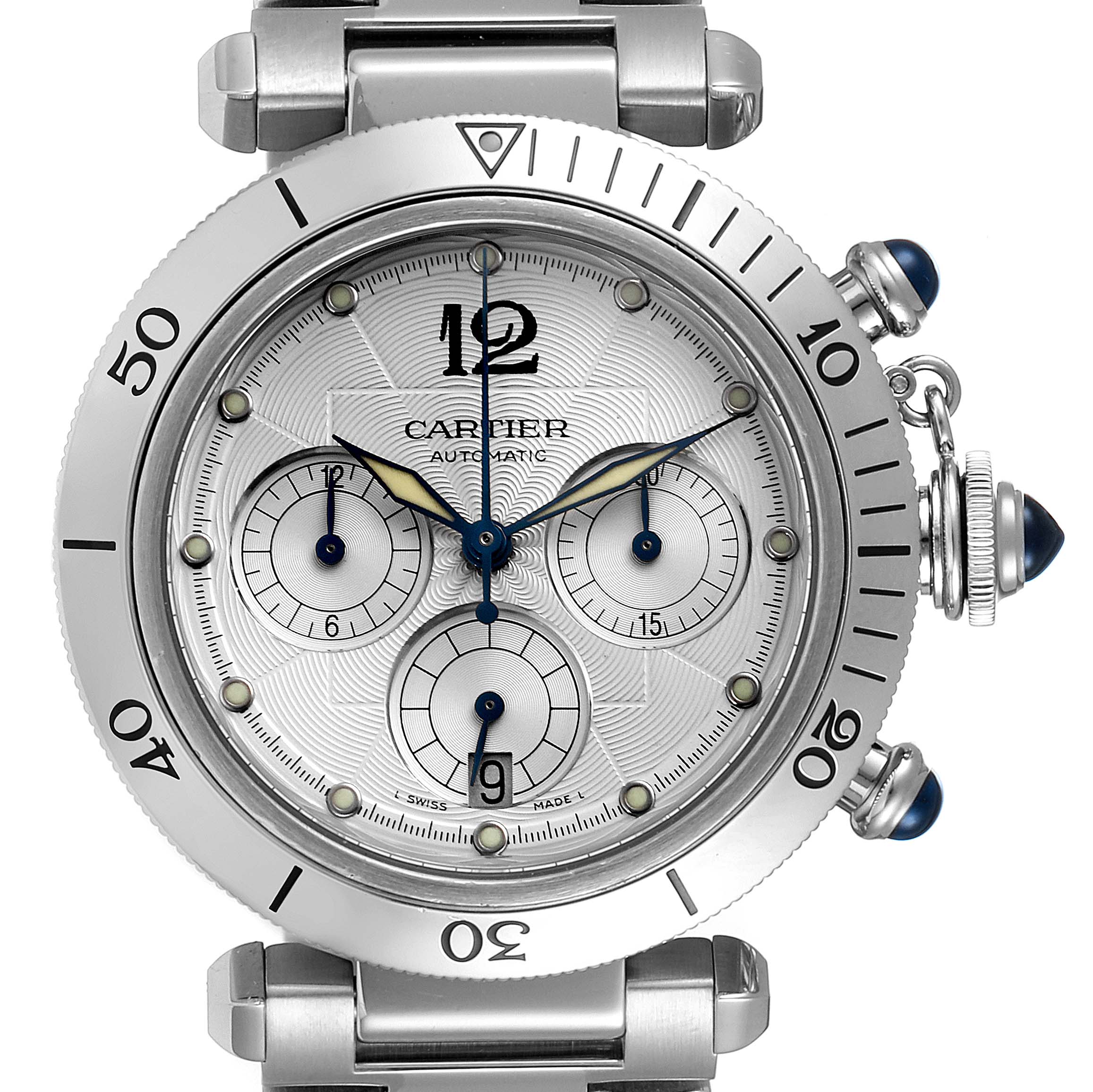 This image shows a front view of the Cartier Pasha W31030H3 Men
s Stainless Steel Silver Dial W31030H3 Men
s Stainless Steel Silver Dial watch, highlighting its dial, bezel, and crown.