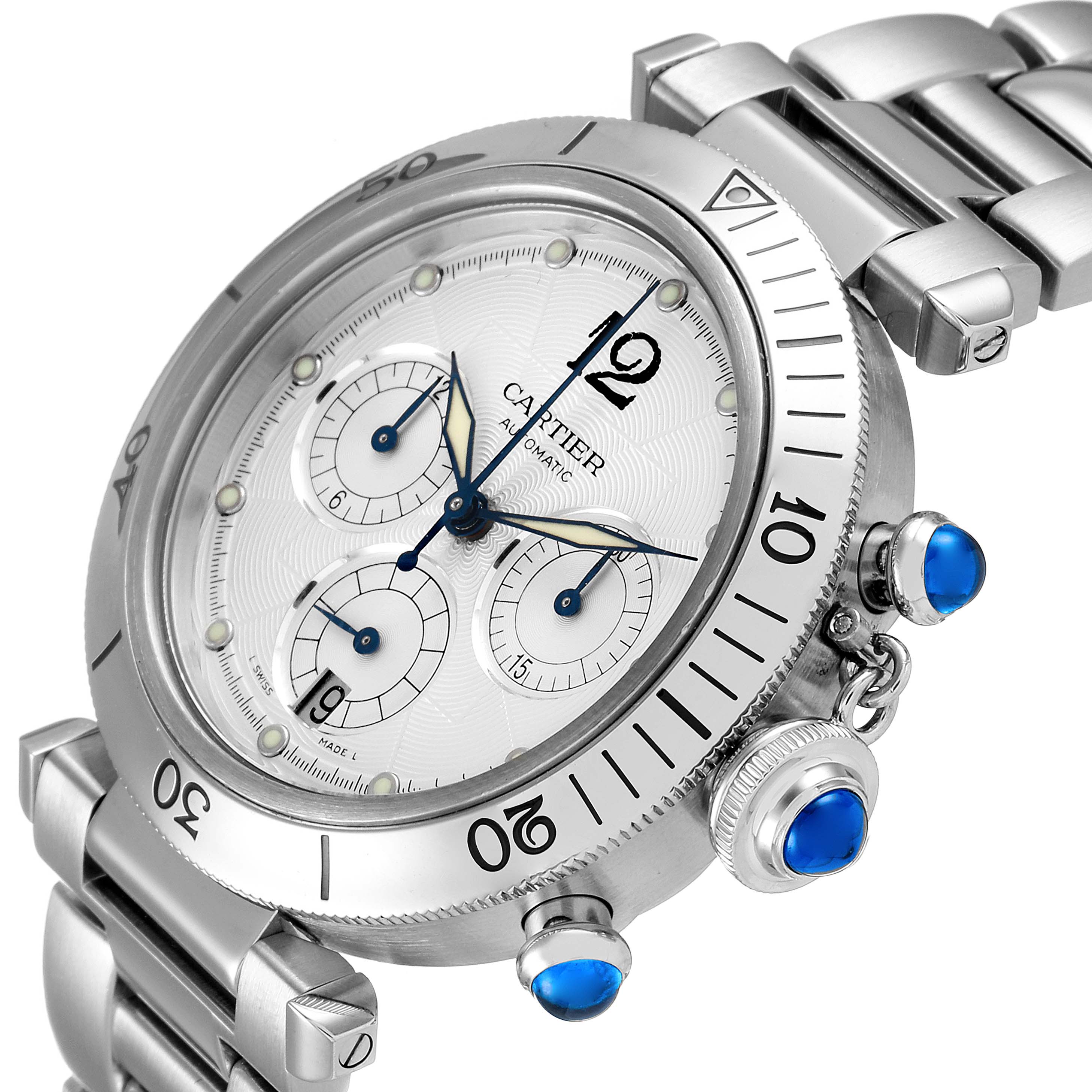 The image shows a close-up view of the Cartier Pasha W31030H3 Men
s Stainless Steel Silver Dial W31030H3 Men
s Stainless Steel Silver Dial model watch, highlighting its face, bezel, and part of the bracelet.