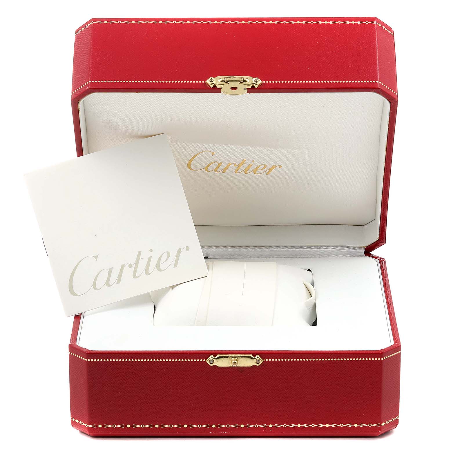 The image shows a Cartier Pasha W31030H3 Men
s Stainless Steel Silver Dial W31030H3 Men
s Stainless Steel Silver Dial model watch inside an open red Cartier box, accompanied by a brand card.