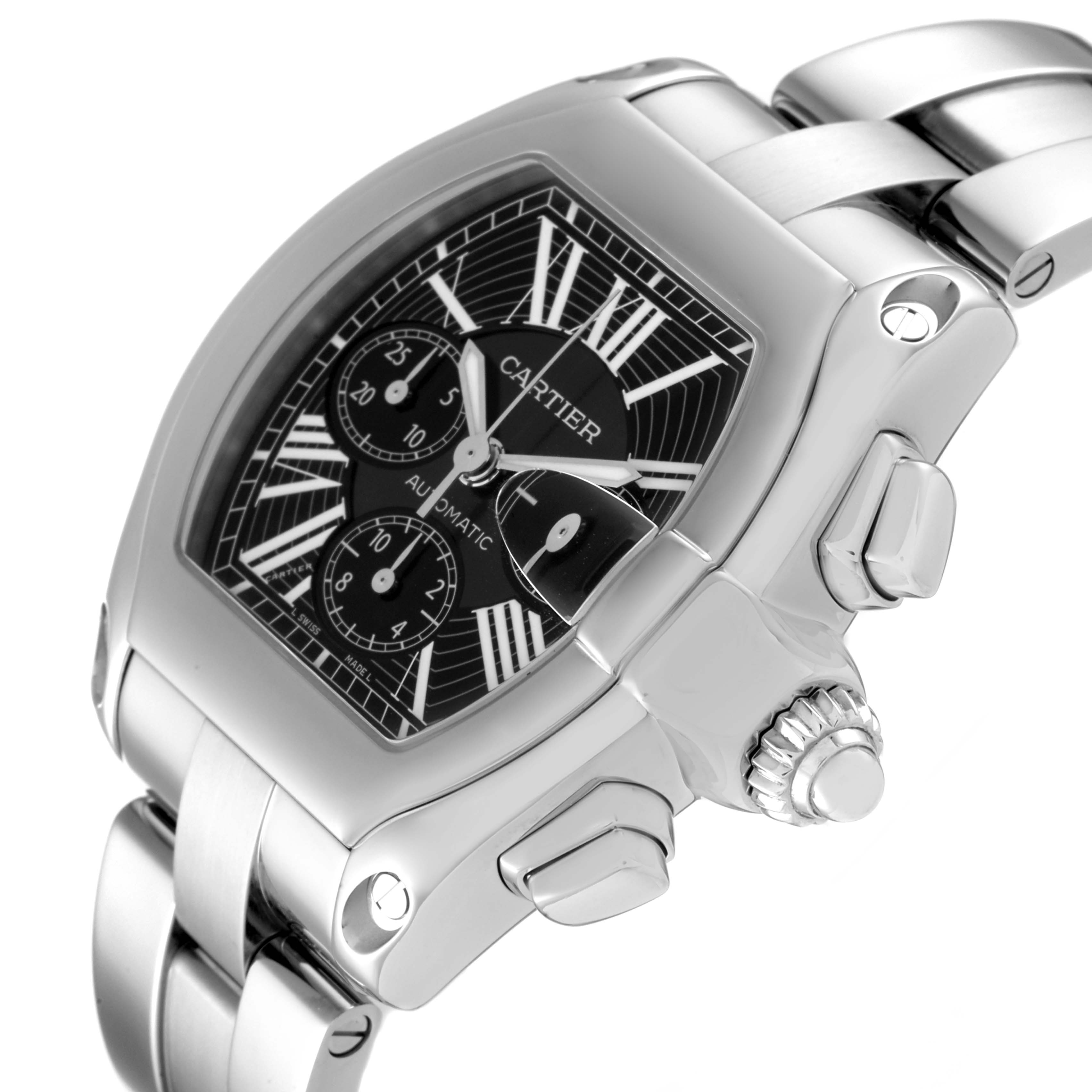 The image shows a close-up side angle of the Cartier Roadster W62020X6 Men
s Stainless Steel Black Dial W62020X6 Men
s Stainless Steel Black Dial watch, highlighting the dial, crown, and stainless steel bracelet.