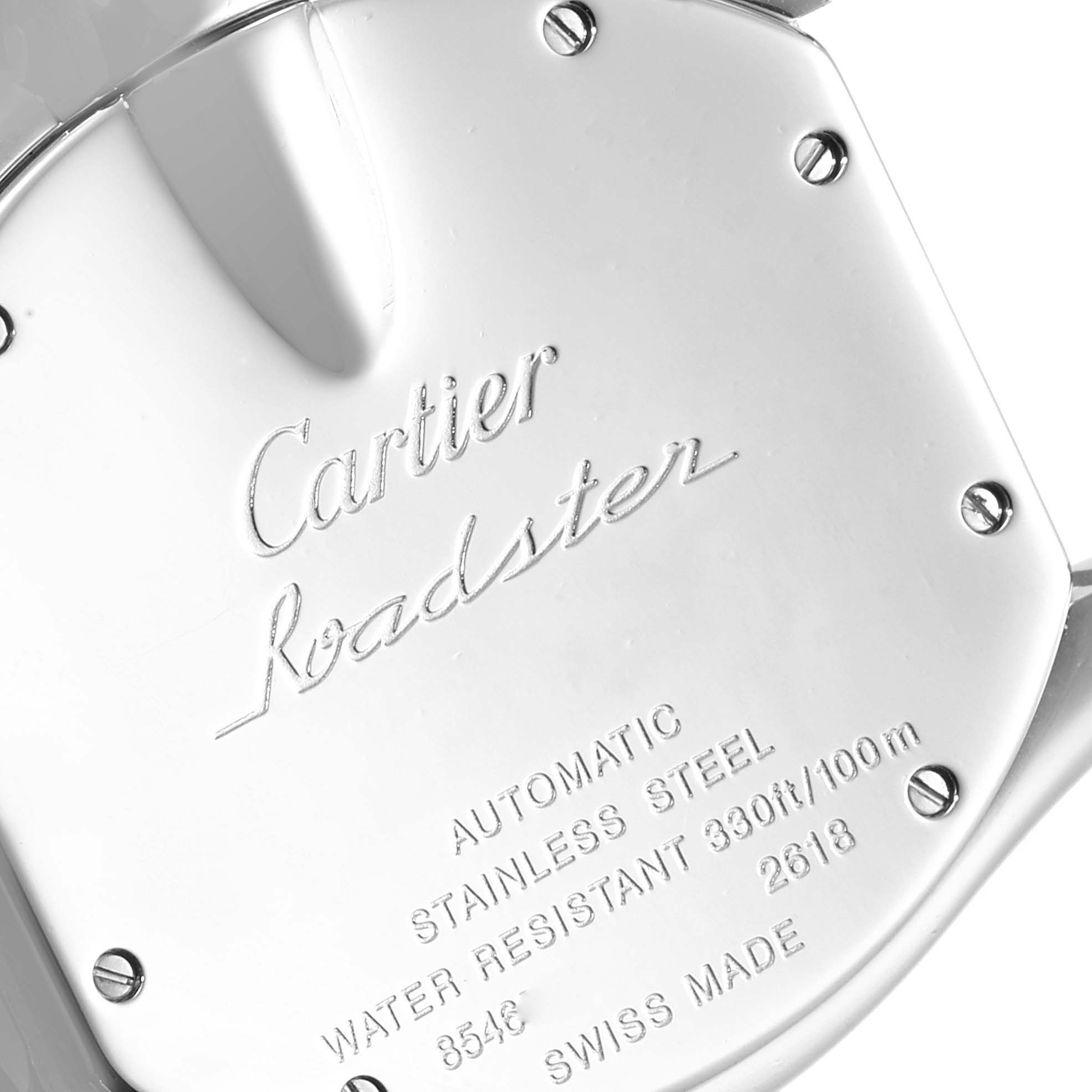 This image shows the back casing of the Cartier Roadster W62020X6 Men
s Stainless Steel Black Dial W62020X6 Men
s Stainless Steel Black Dial watch with engraved details.