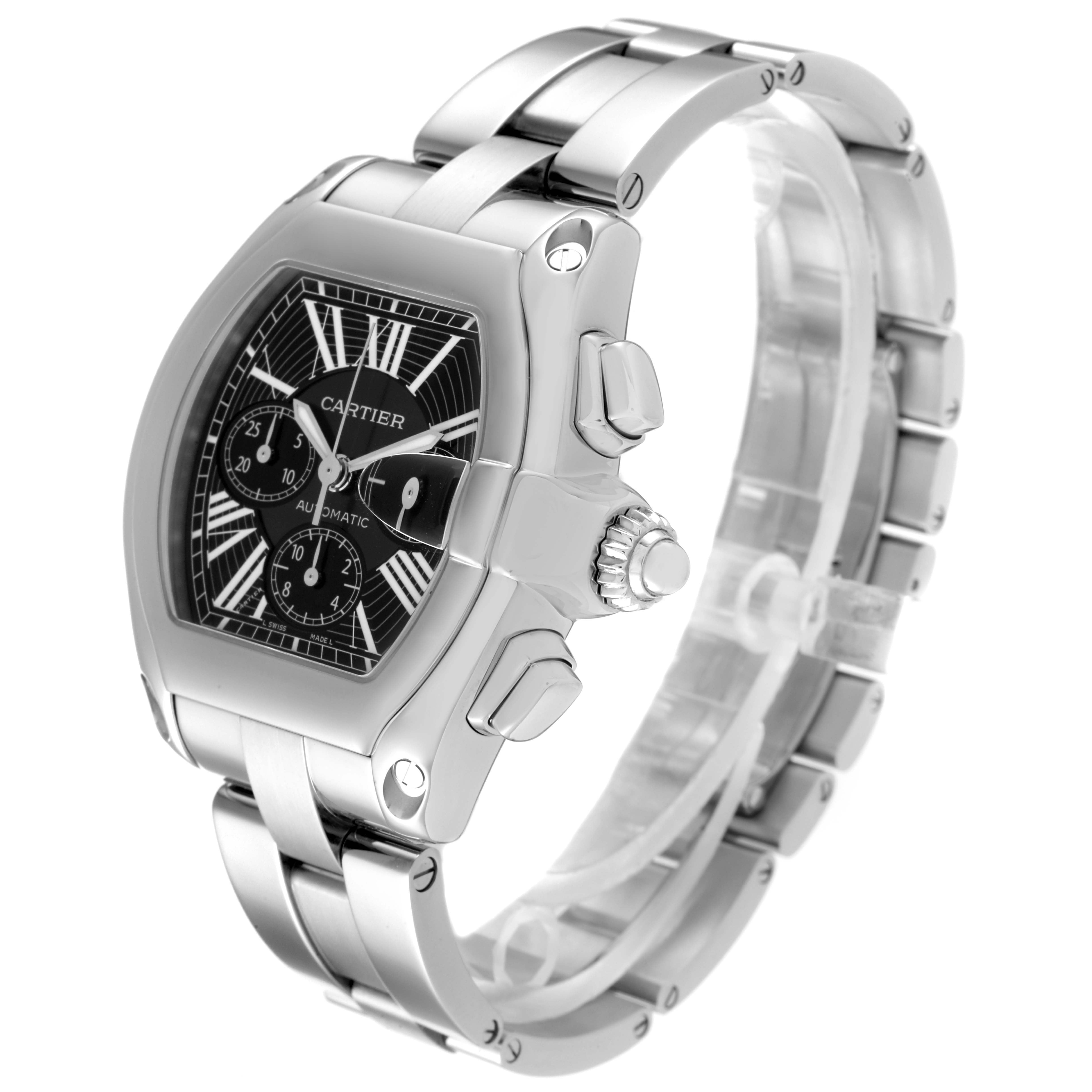 The Cartier Roadster W62020X6 Men
s Stainless Steel Black Dial W62020X6 Men
s Stainless Steel Black Dial watch is shown at a three-quarter angle, highlighting the watch face, bezel, crown, and bracelet.