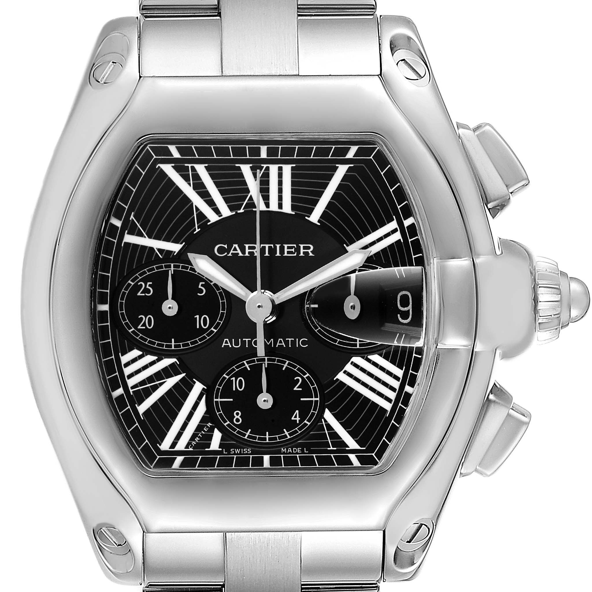 The image shows the face and crown of the Cartier Roadster W62020X6 Men
s Stainless Steel Black Dial W62020X6 Men
s Stainless Steel Black Dial model watch, viewed from a straight-on angle.