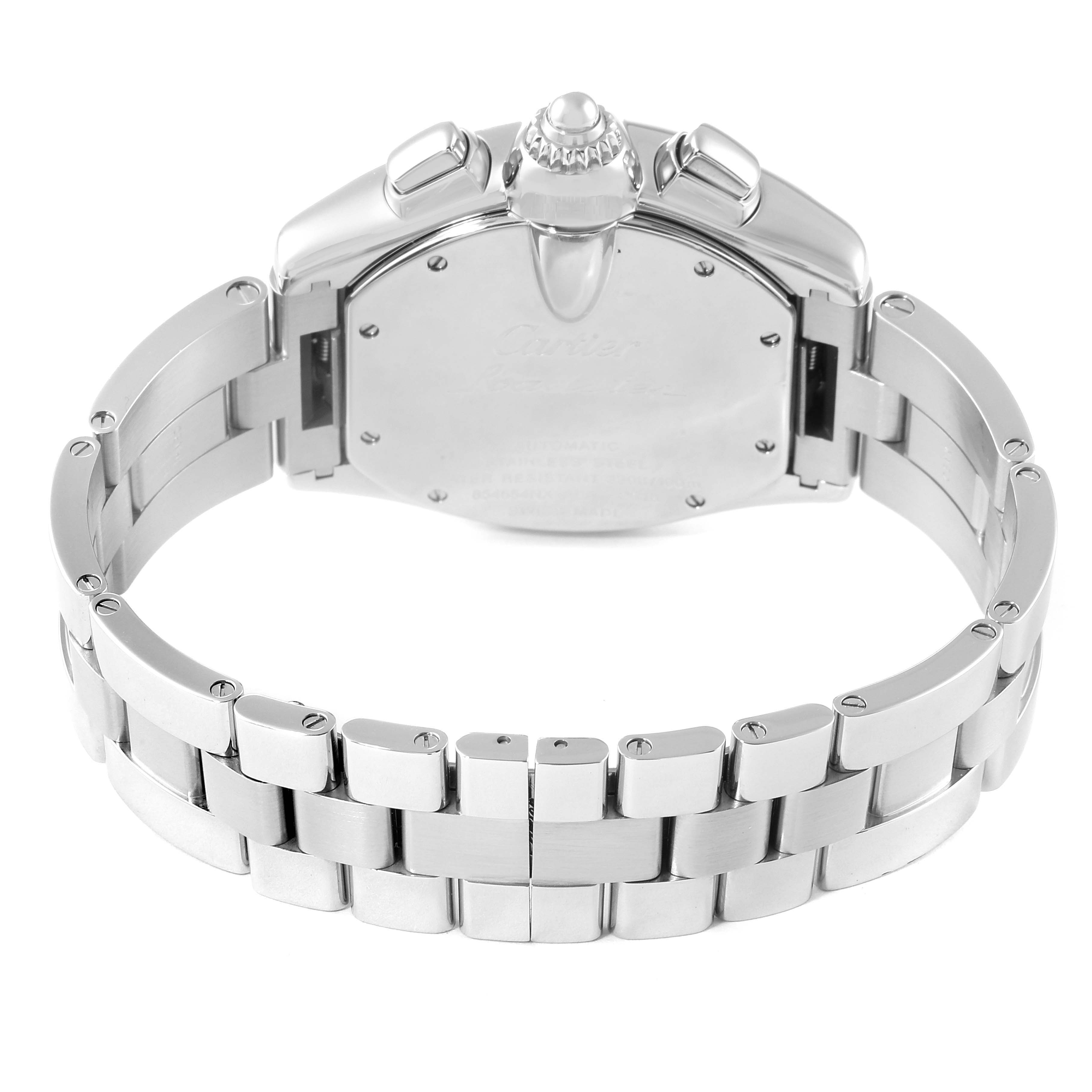 The image shows the back case and bracelet of the Cartier Roadster W62020X6 Men
s Stainless Steel Black Dial W62020X6 Men
s Stainless Steel Black Dial watch, viewed from the rear.