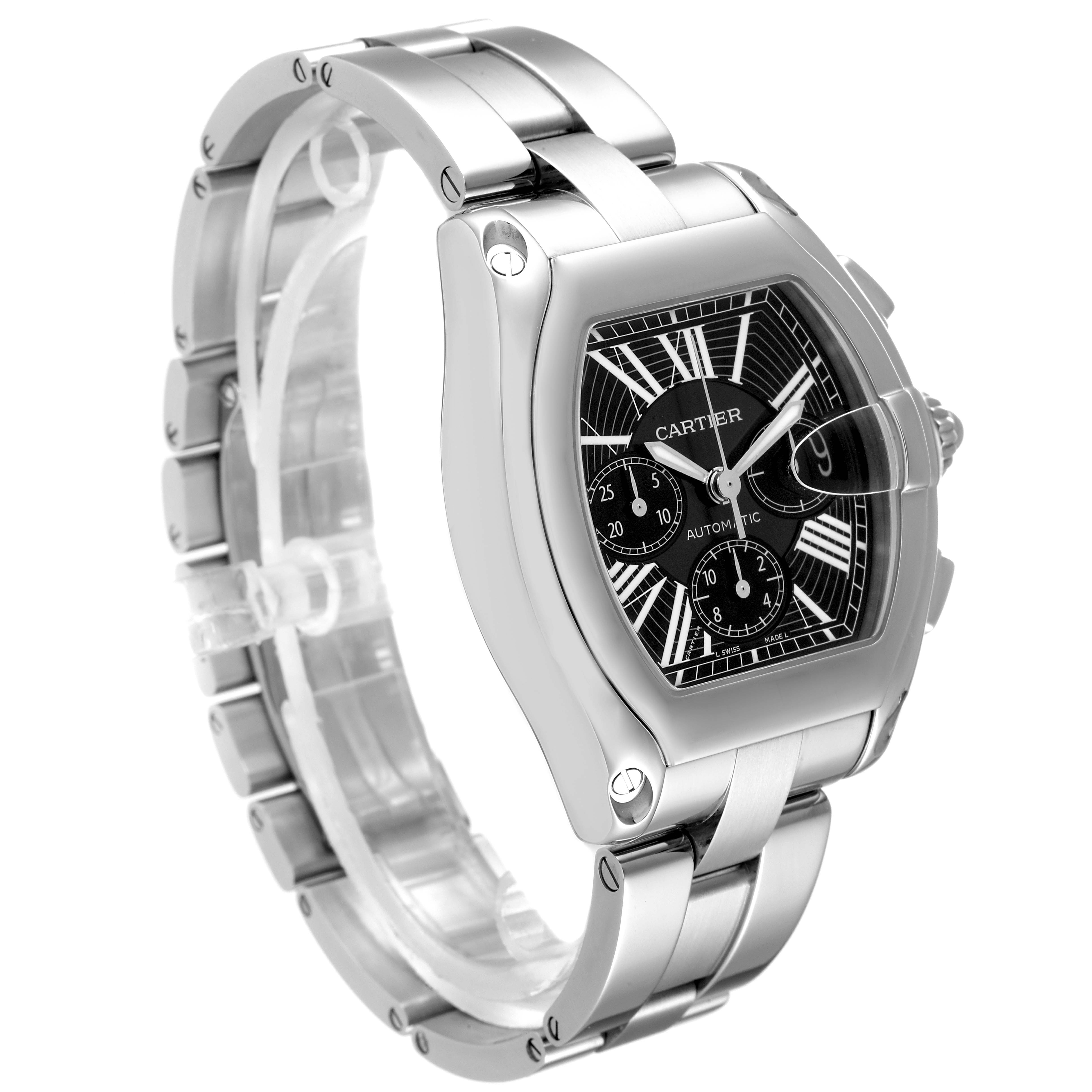 The image shows a Cartier Roadster W62020X6 Men
s Stainless Steel Black Dial W62020X6 Men
s Stainless Steel Black Dial watch from a three-quarter front angle, highlighting its dial, case, and metal bracelet.