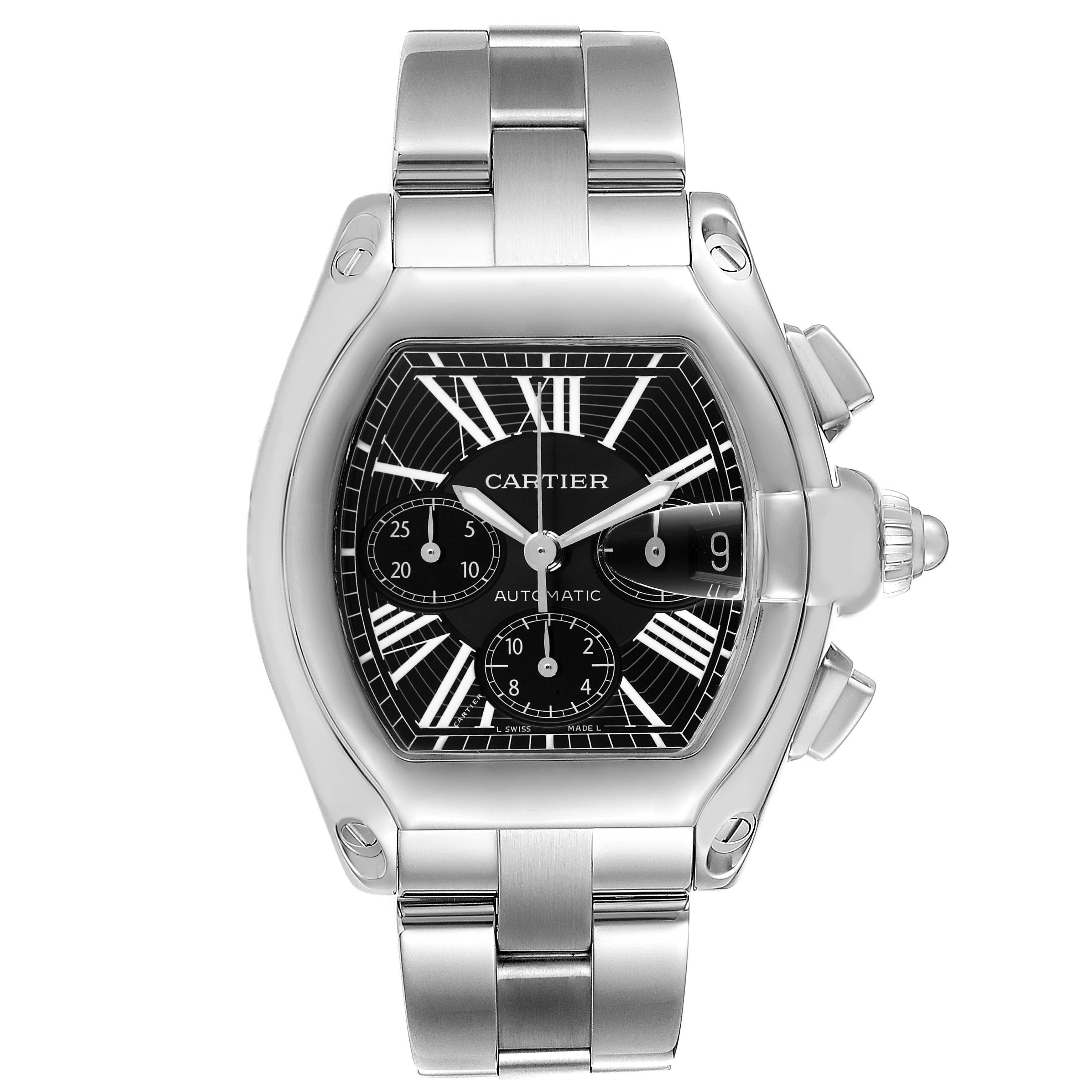 The image shows a Cartier Roadster W62020X6 Men
s Stainless Steel Black Dial W62020X6 Men
s Stainless Steel Black Dial watch from a front angle, highlighting its black dial, chronograph subdials, and stainless steel bracelet.