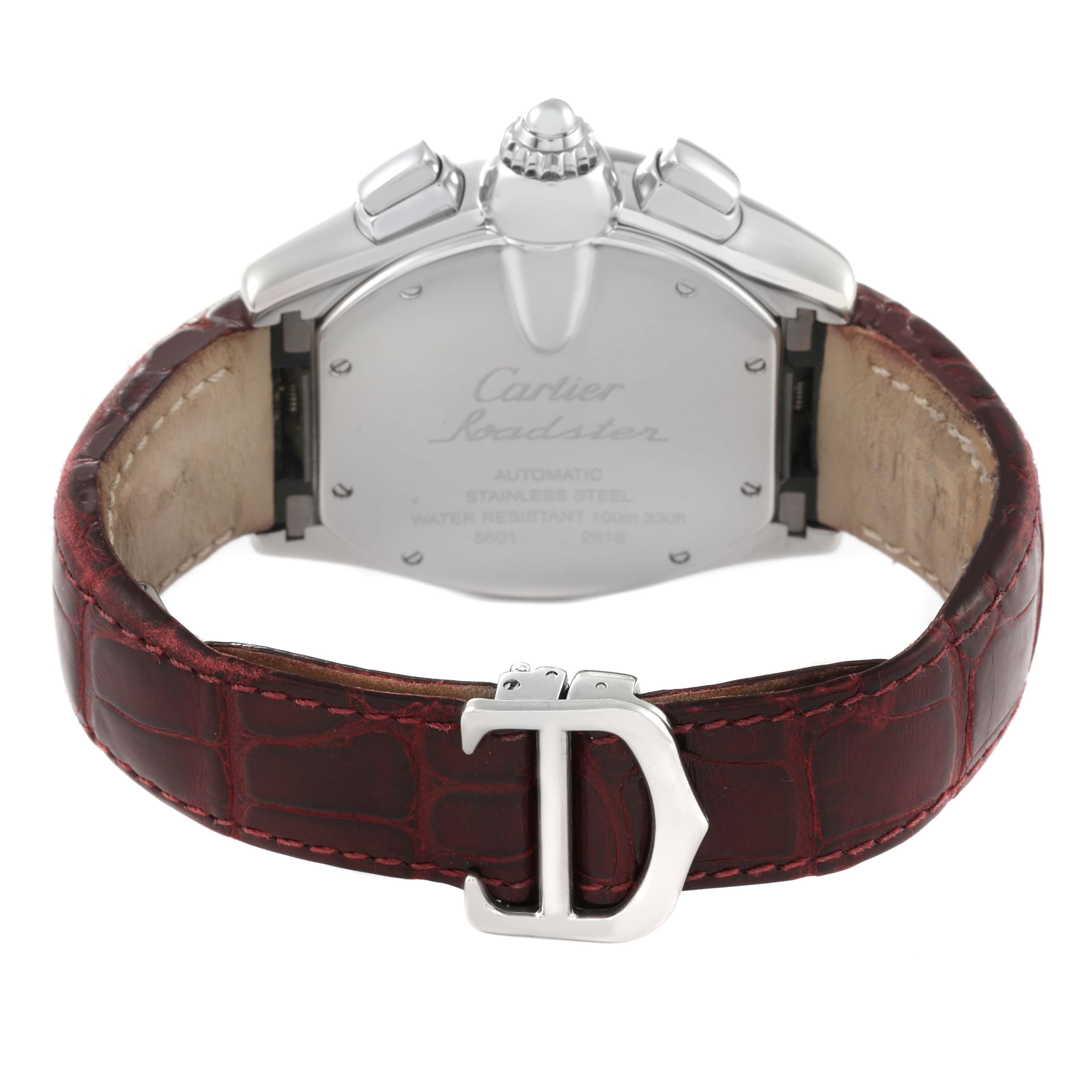 The image shows the back view of a Cartier Roadster W62019X6 Men's Stainless Steel Silver Dial W62019X6 Men's Stainless Steel Silver Dial watch, highlighting its case back and leather strap.
