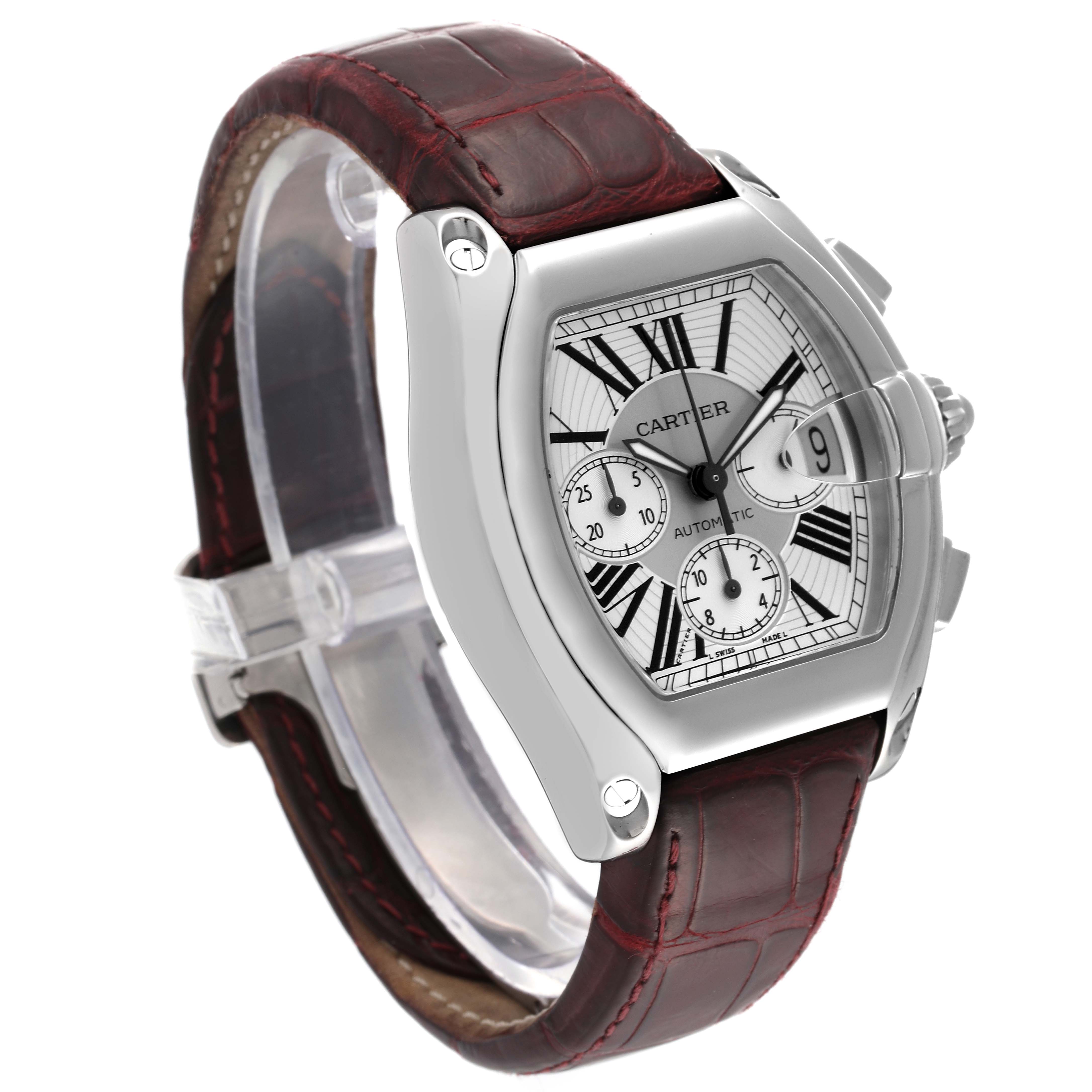 The Cartier Roadster W62019X6 Men's Stainless Steel Silver Dial W62019X6 Men's Stainless Steel Silver Dial watch is shown in a three-quarter angle, highlighting the dial, case, and leather strap.
