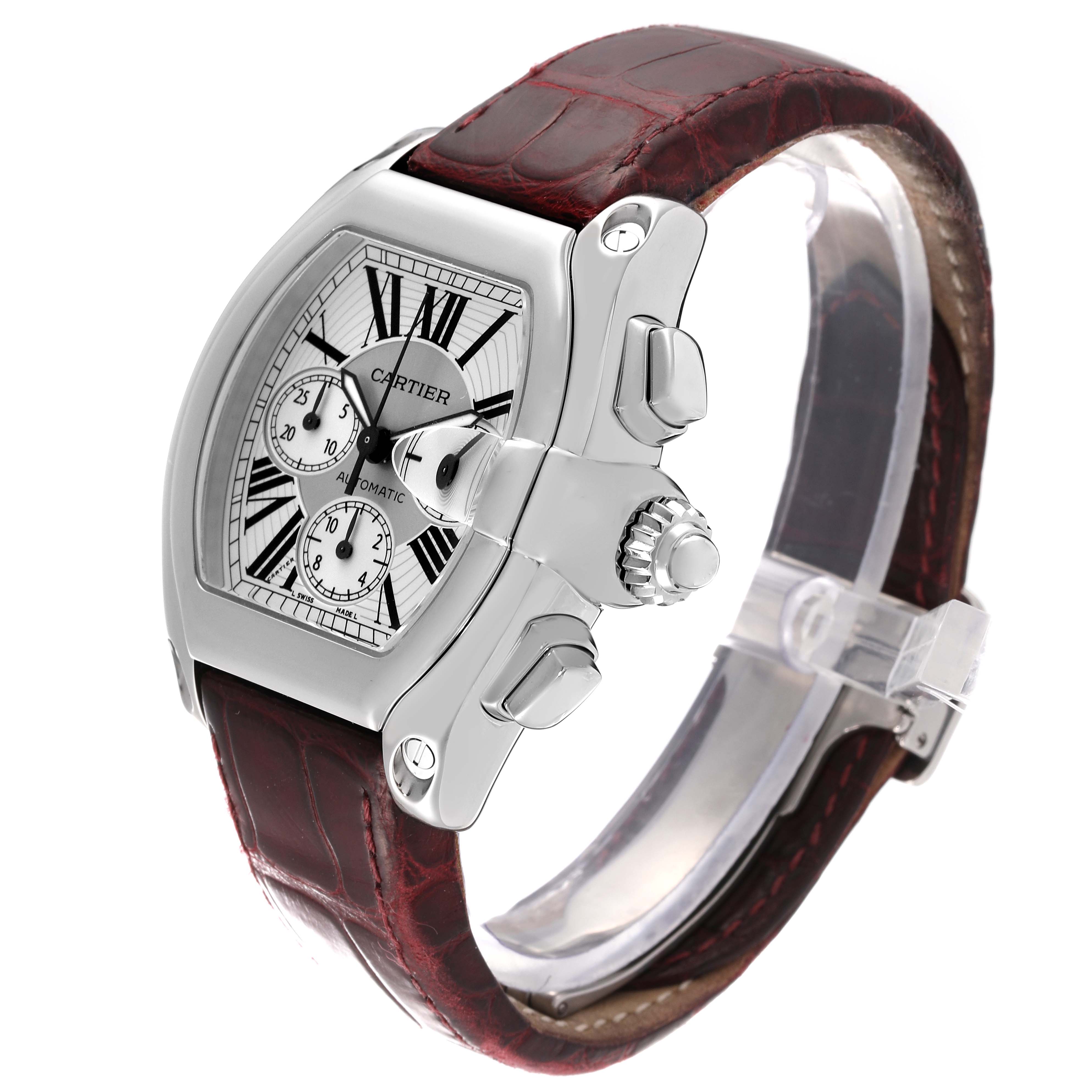 The image shows a side angle of the Cartier Roadster W62019X6 Men's Stainless Steel Silver Dial W62019X6 Men's Stainless Steel Silver Dial watch, highlighting the dial, crown, pushers, and leather strap.