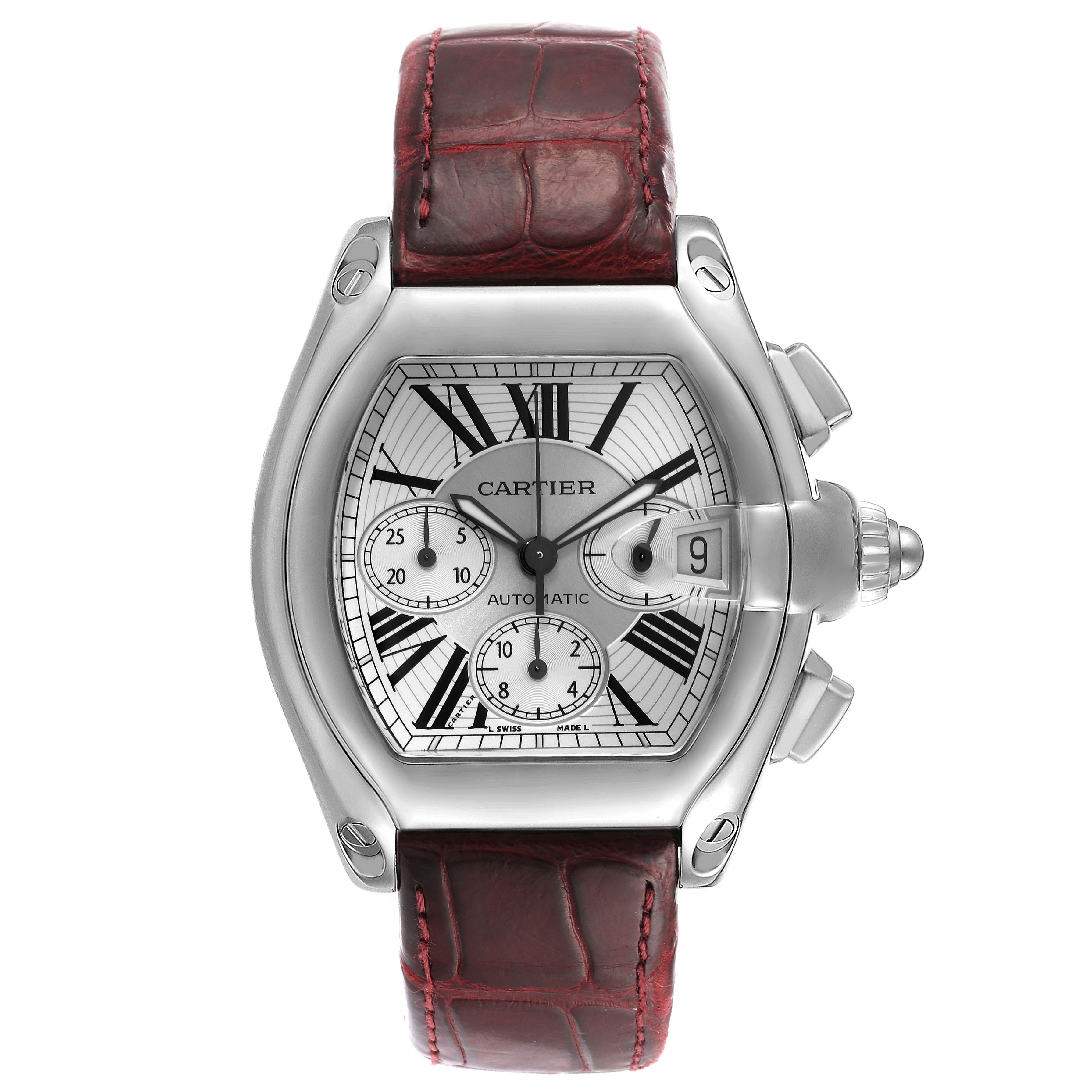 The image shows a front view of the Cartier Roadster W62019X6 Men's Stainless Steel Silver Dial W62019X6 Men's Stainless Steel Silver Dial watch, highlighting its dial, bezel, crown, and leather strap.