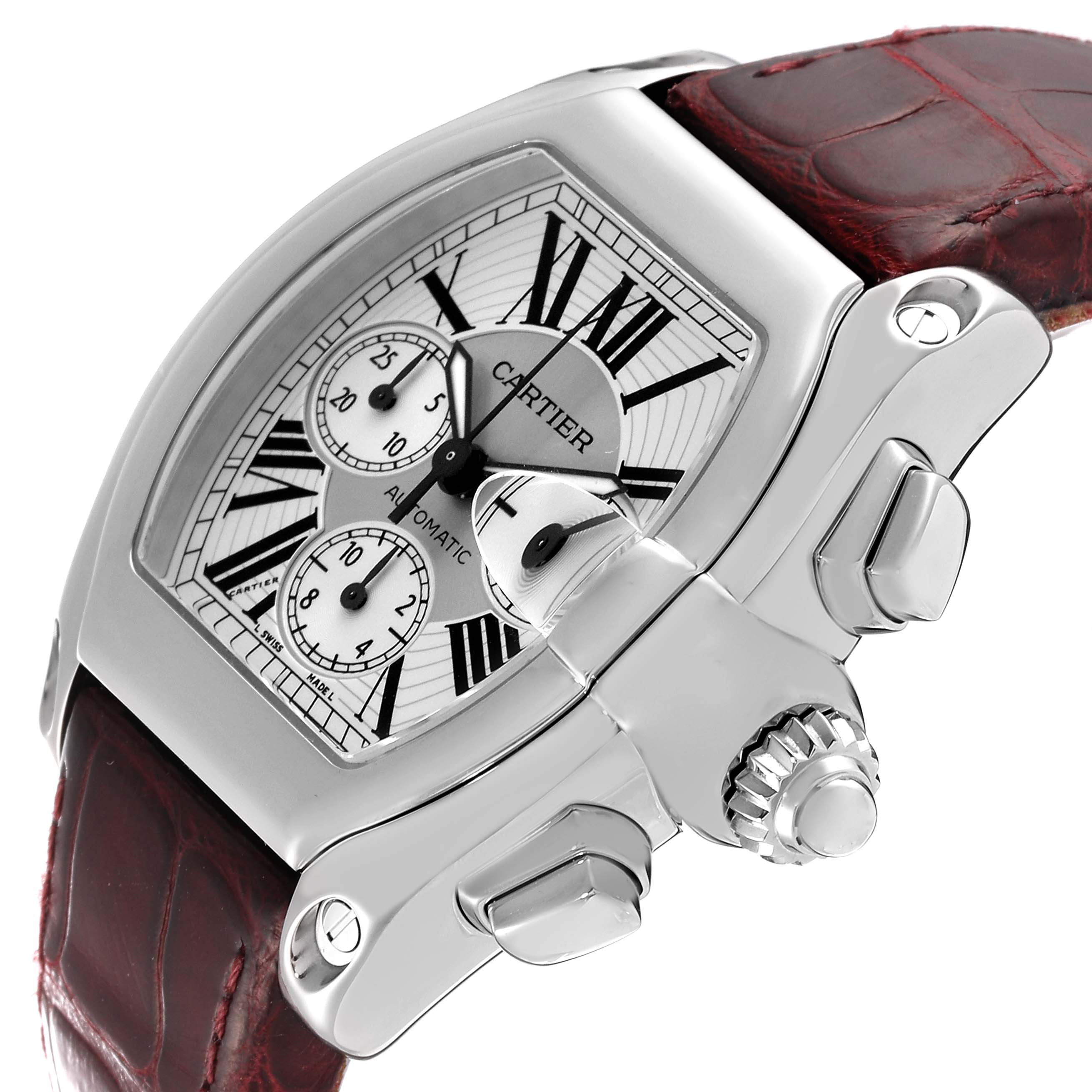 The image shows a close-up angle of the Cartier Roadster W62019X6 Men's Stainless Steel Silver Dial W62019X6 Men's Stainless Steel Silver Dial watch focusing on its dial, crown, and part of the strap.