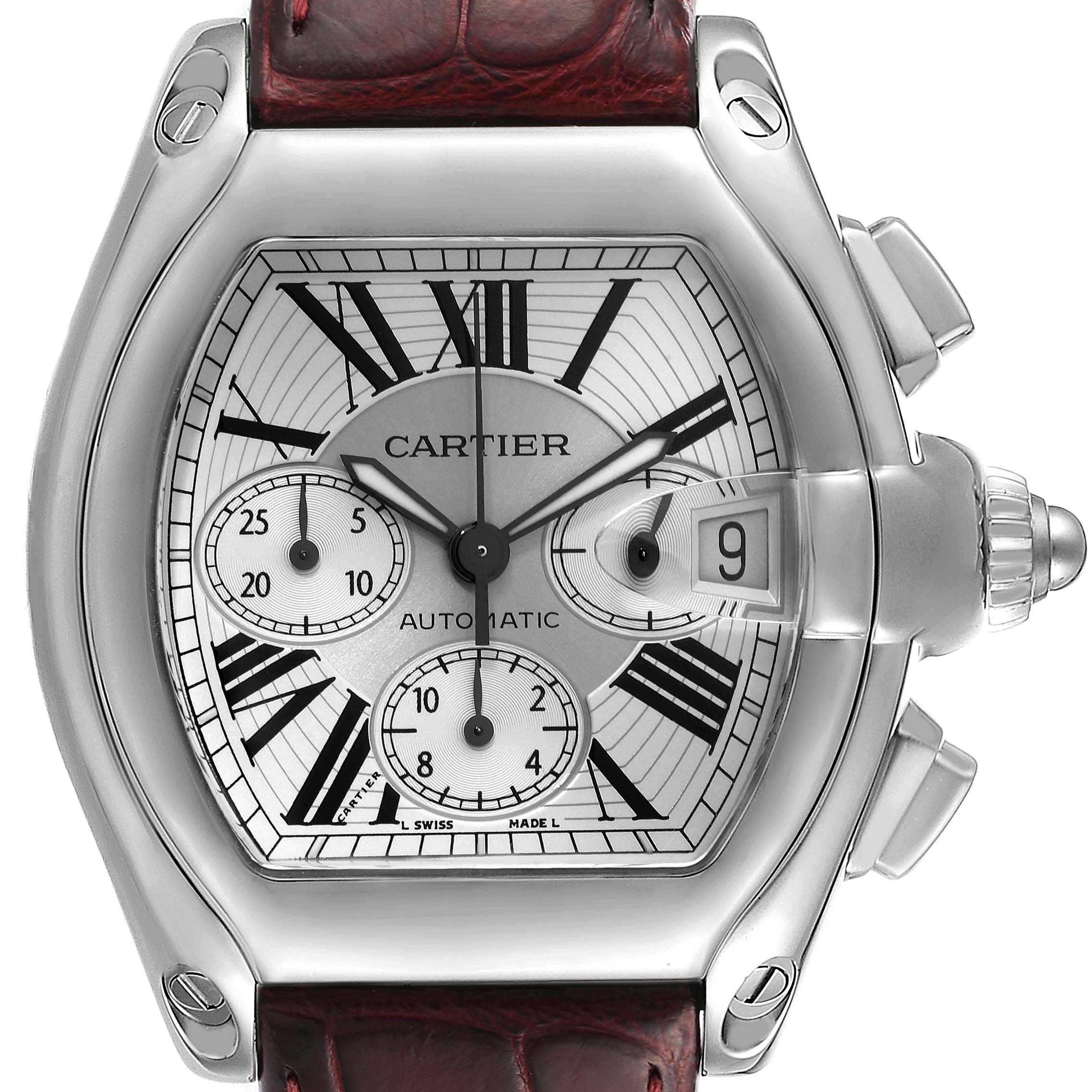 The image shows a front view of a Cartier Roadster W62019X6 Men's Stainless Steel Silver Dial W62019X6 Men's Stainless Steel Silver Dial watch featuring the dial, chronograph sub-dials, and date window.