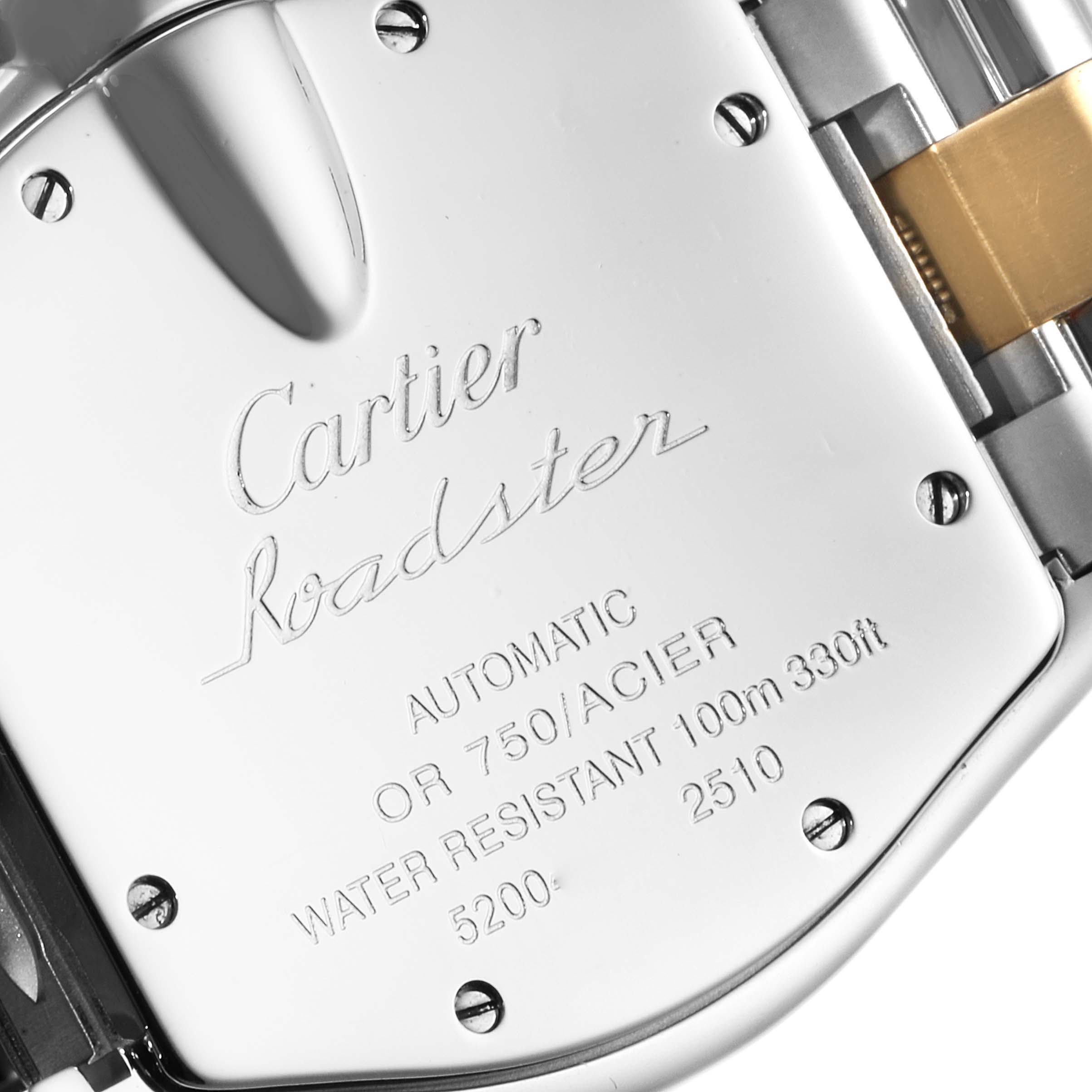 The image shows the back case of a Cartier Roadster W62031Y4 Men's Steel and Gold (two tone) Silver Dial W62031Y4 Men's Steel and Gold (two tone) Silver Dial watch at a slight angle, highlighting the engravings and part of the bracelet.