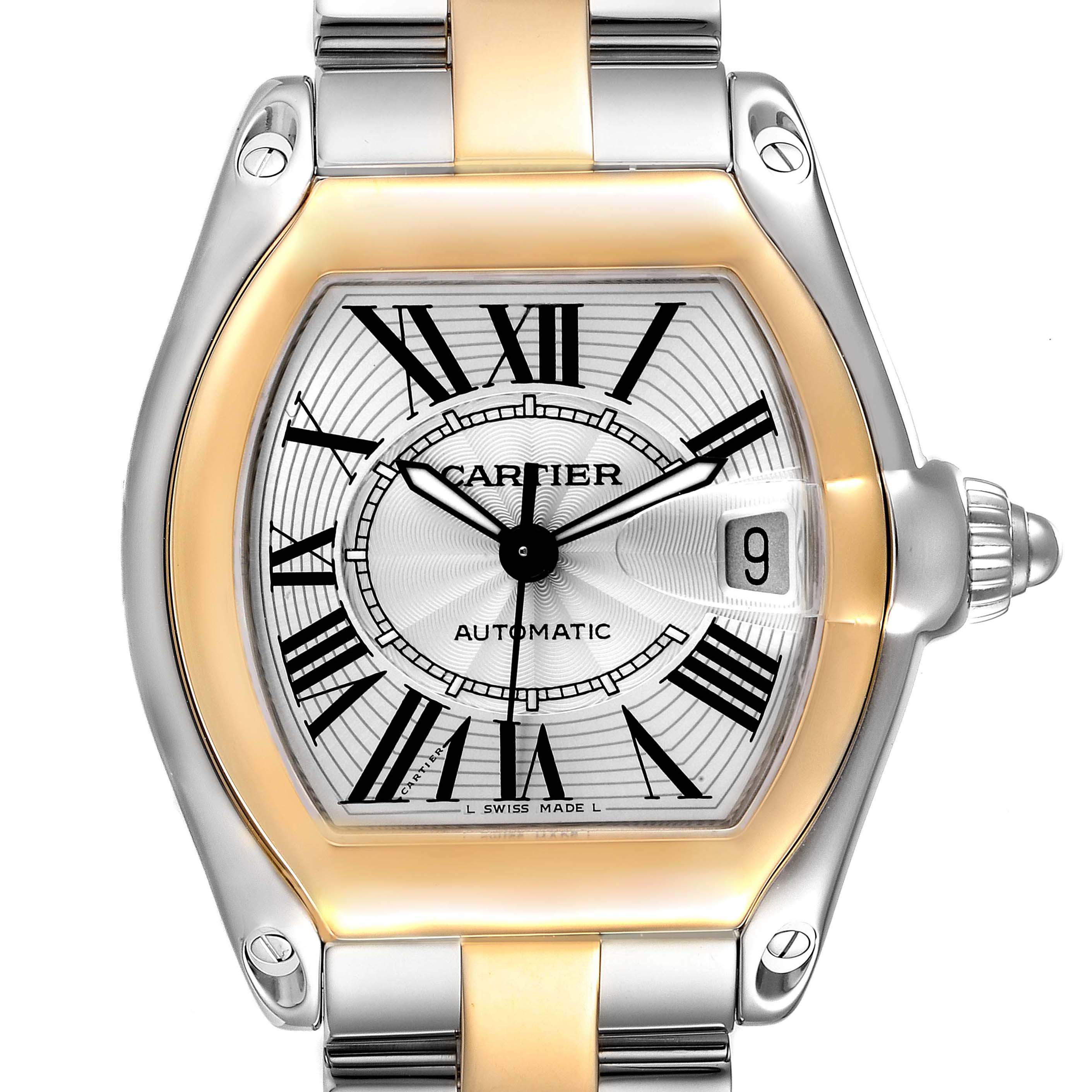 This Cartier Roadster W62031Y4 Men's Steel and Gold (two tone) Silver Dial W62031Y4 Men's Steel and Gold (two tone) Silver Dial watch is shown from a top-down angle, highlighting its face, crown, and part of the bracelet.