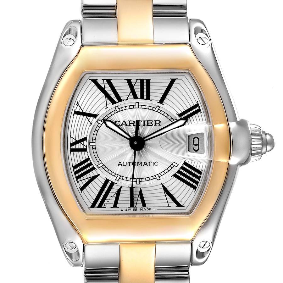 Cartier Roadster Yellow Gold Steel Silver Dial Mens Watch W62031Y4 SwissWatchExpo
