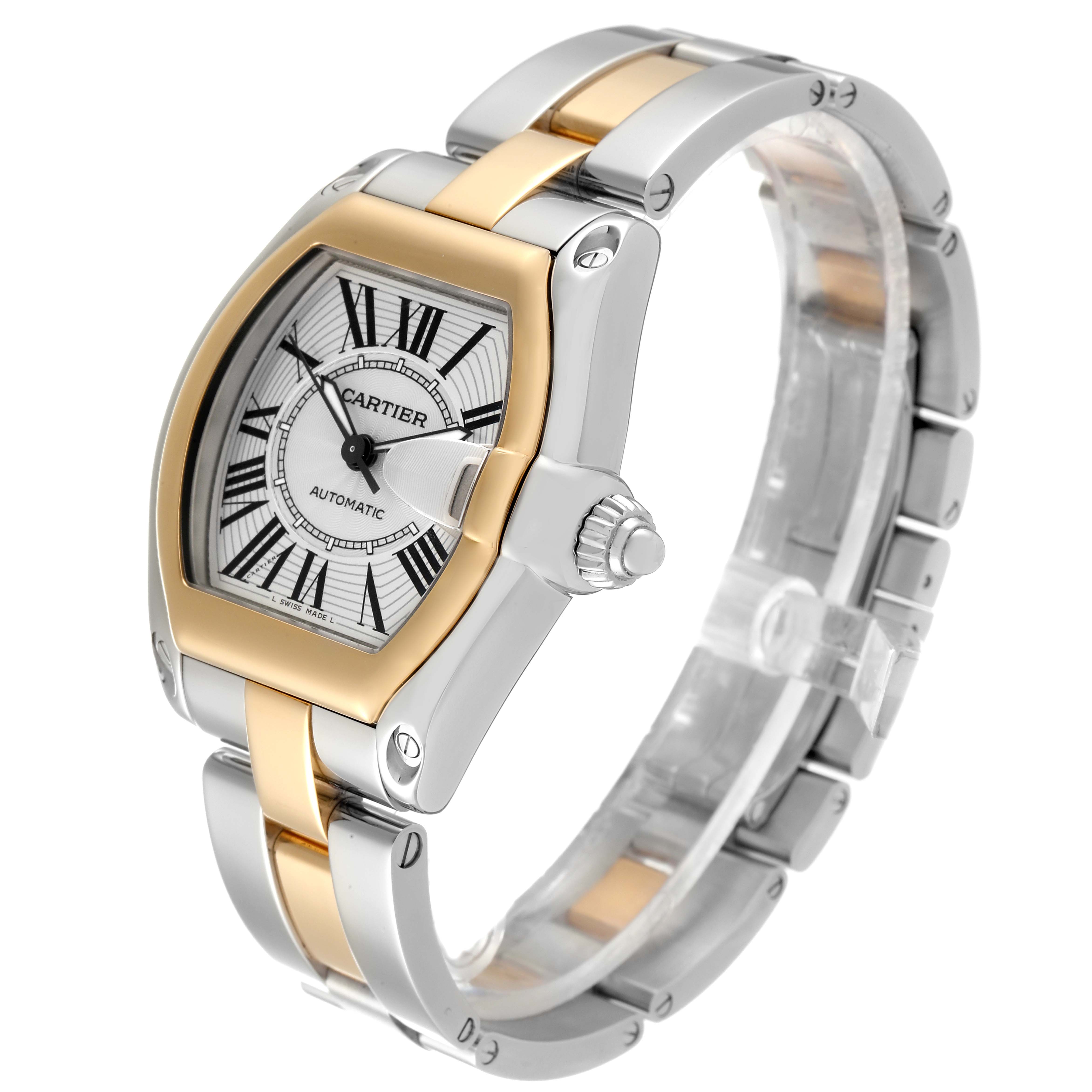 This image shows a Cartier Roadster W62031Y4 Men's Steel and Gold (two tone) Silver Dial W62031Y4 Men's Steel and Gold (two tone) Silver Dial watch at a three-quarter angle, highlighting its dial, bezel, crown, and bracelet.