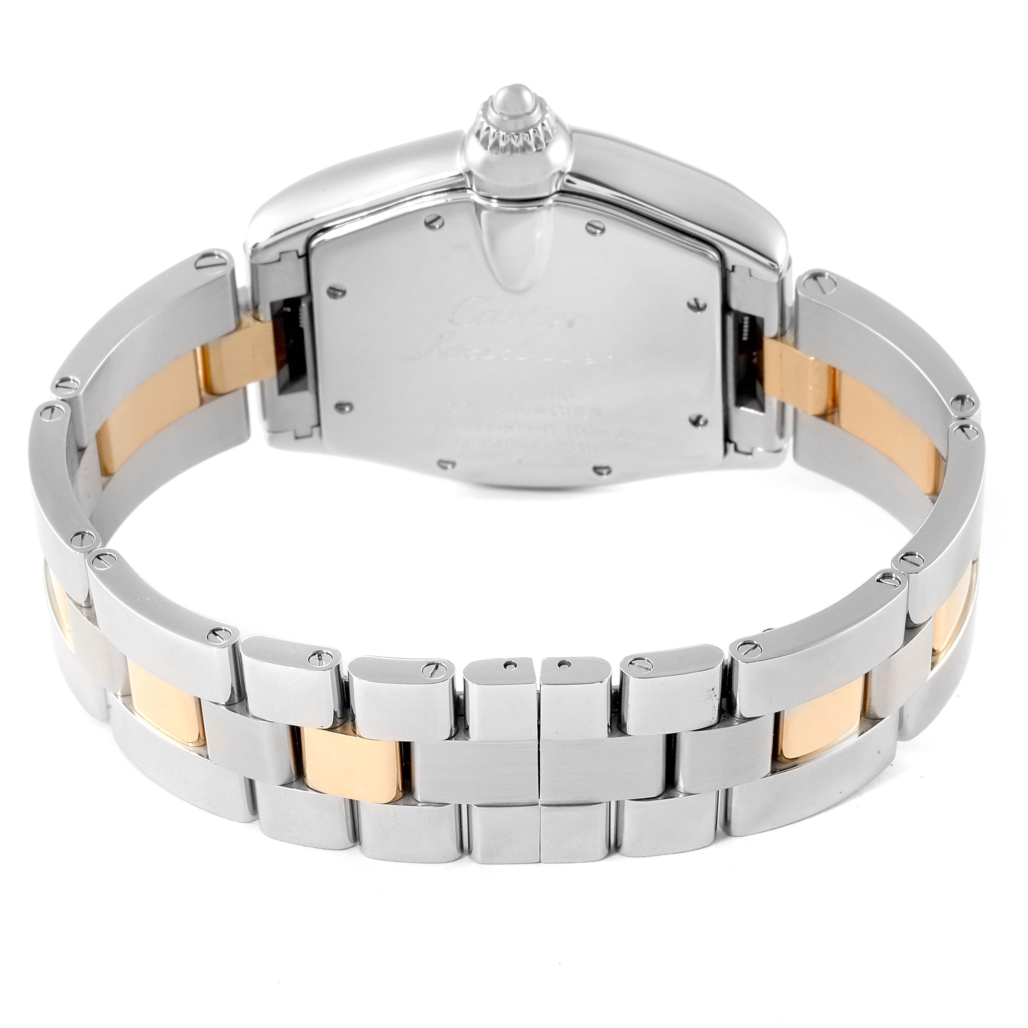 This image shows the back view of a Cartier Roadster W62031Y4 Men's Steel and Gold (two tone) Silver Dial W62031Y4 Men's Steel and Gold (two tone) Silver Dial watch, focusing on the case back and metal bracelet.
