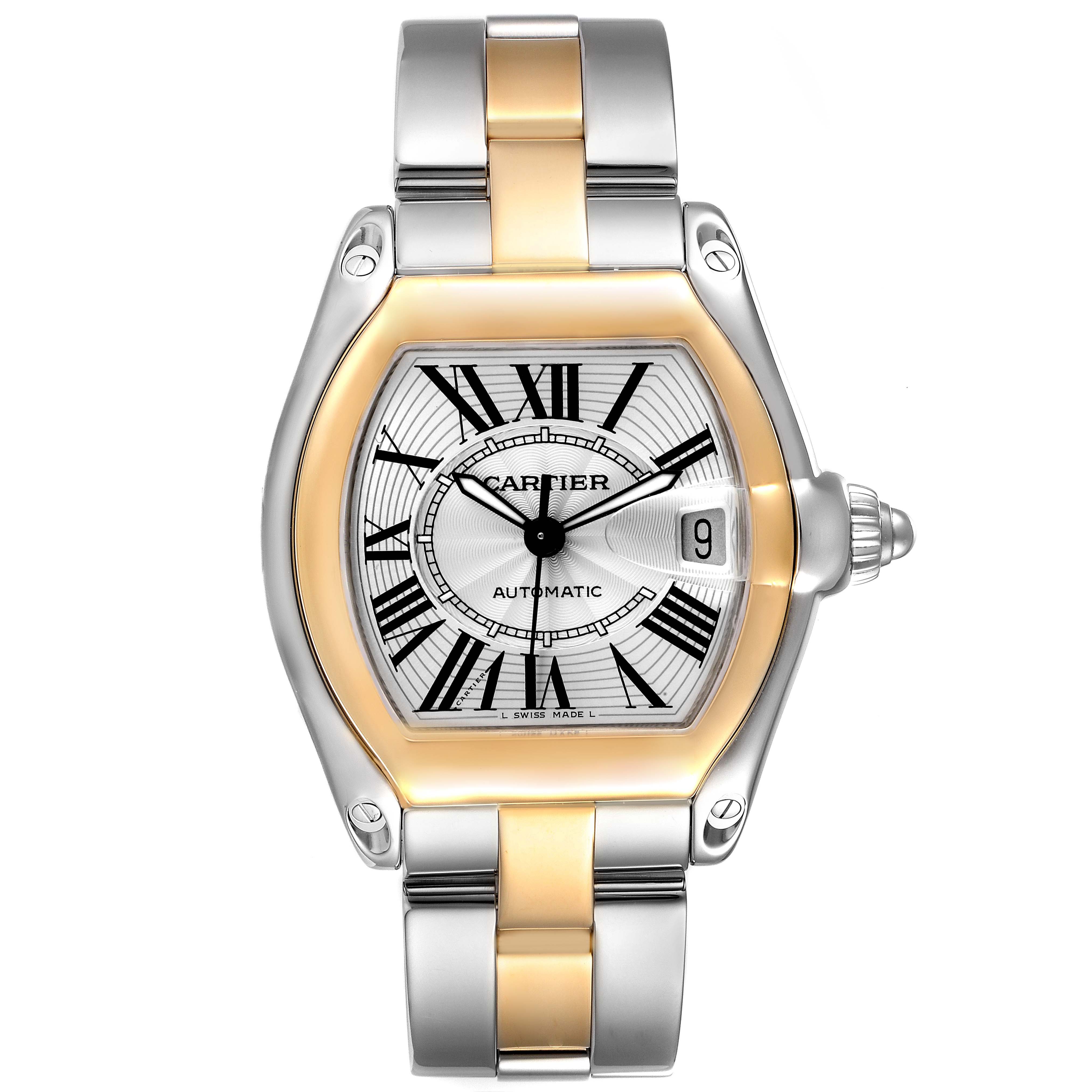 The image shows a Cartier Roadster W62031Y4 Men's Steel and Gold (two tone) Silver Dial W62031Y4 Men's Steel and Gold (two tone) Silver Dial watch from a top-down angle, highlighting the dial, bezel, and bracelet.