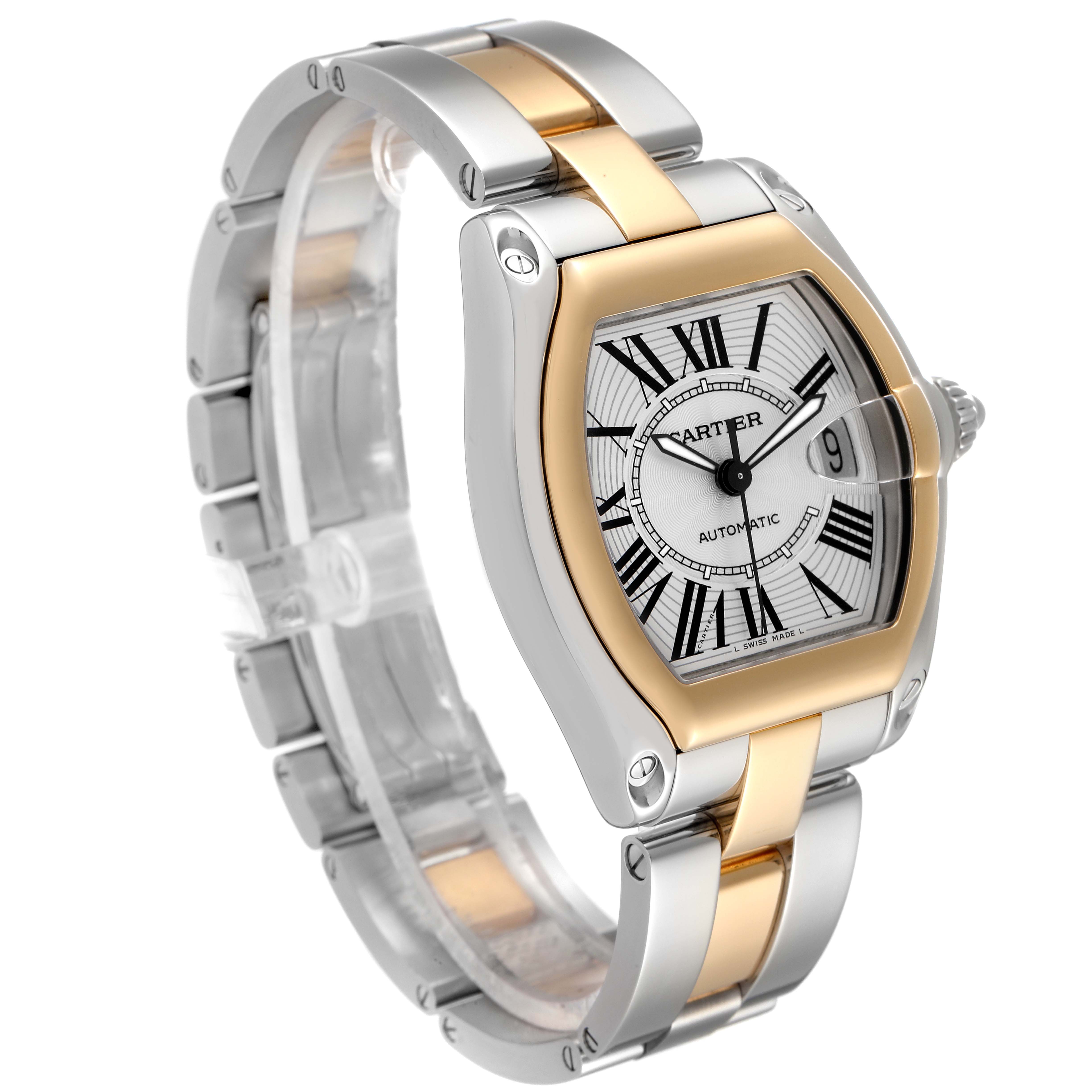 The Cartier Roadster W62031Y4 Men's Steel and Gold (two tone) Silver Dial W62031Y4 Men's Steel and Gold (two tone) Silver Dial model watch is shown at a three-quarter angle, highlighting its face, bezel, and two-tone metal band.