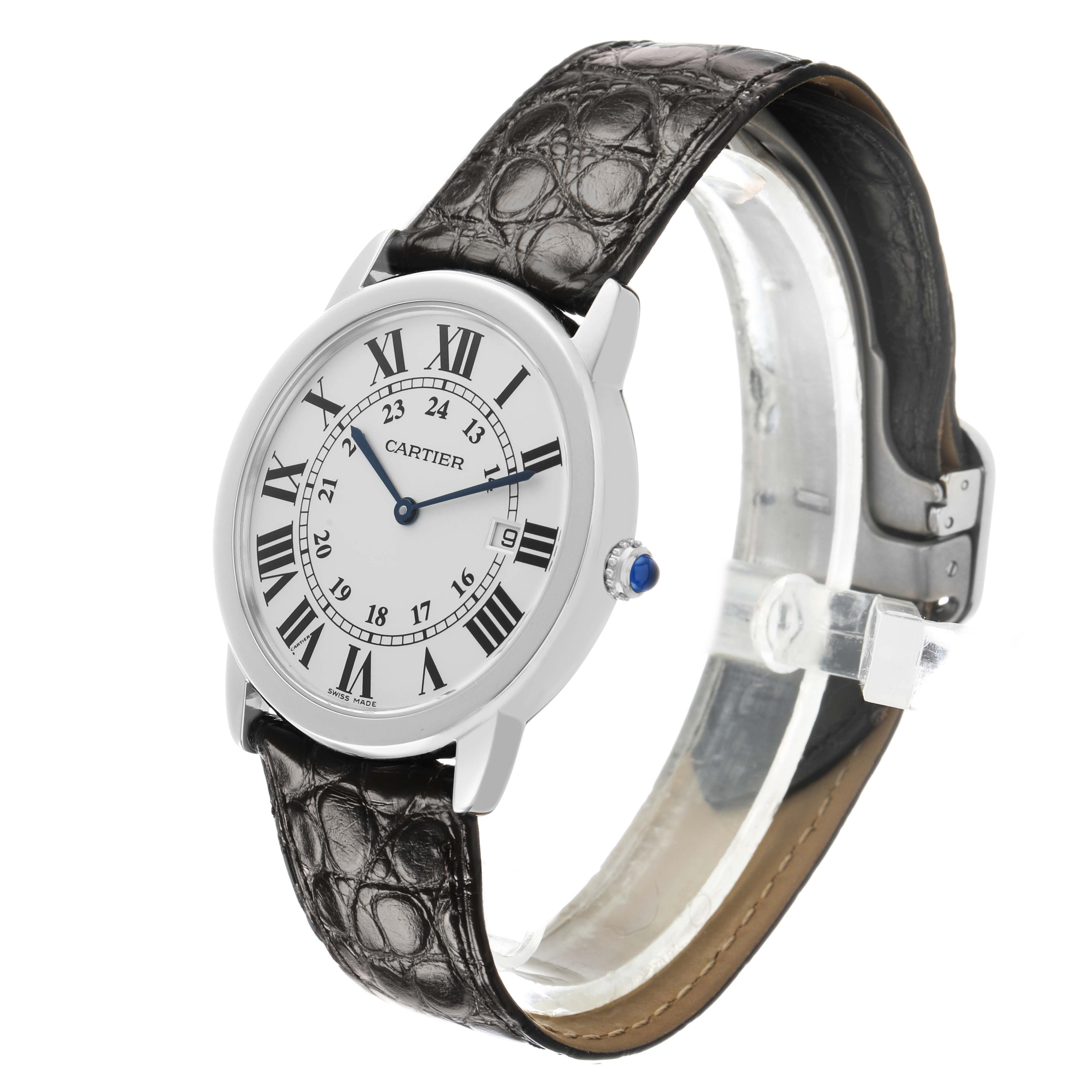 The Cartier Ronde W6700255 Men's Stainless Steel Silver Dial watch is shown from a three-quarter angle, highlighting the face, bezel, crown, and leather strap.