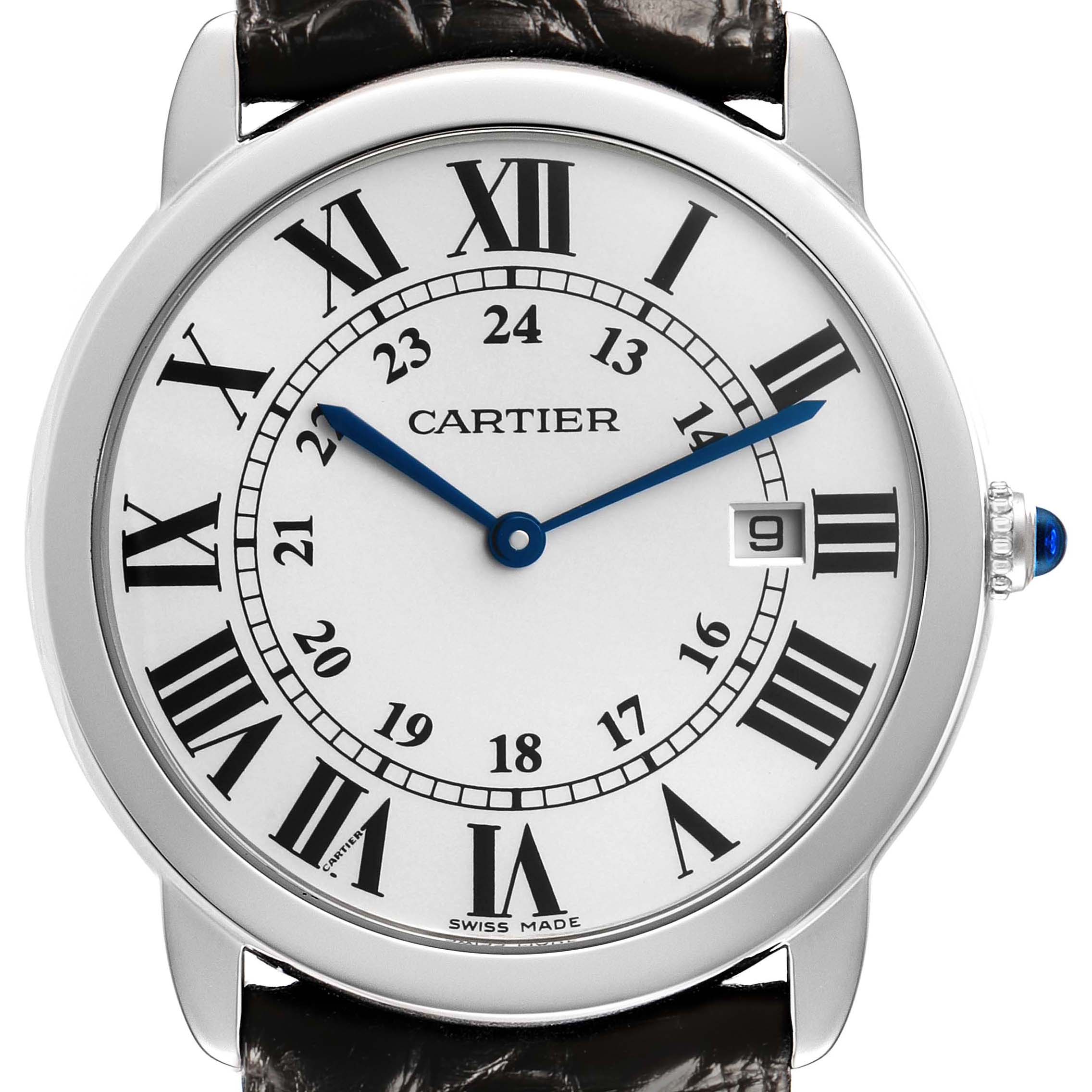 The image shows a front view of a Cartier Ronde W6700255 Mens Stainless Steel Silver Dial watch, highlighting its face, Roman numerals, blued hands, and a leather strap.
