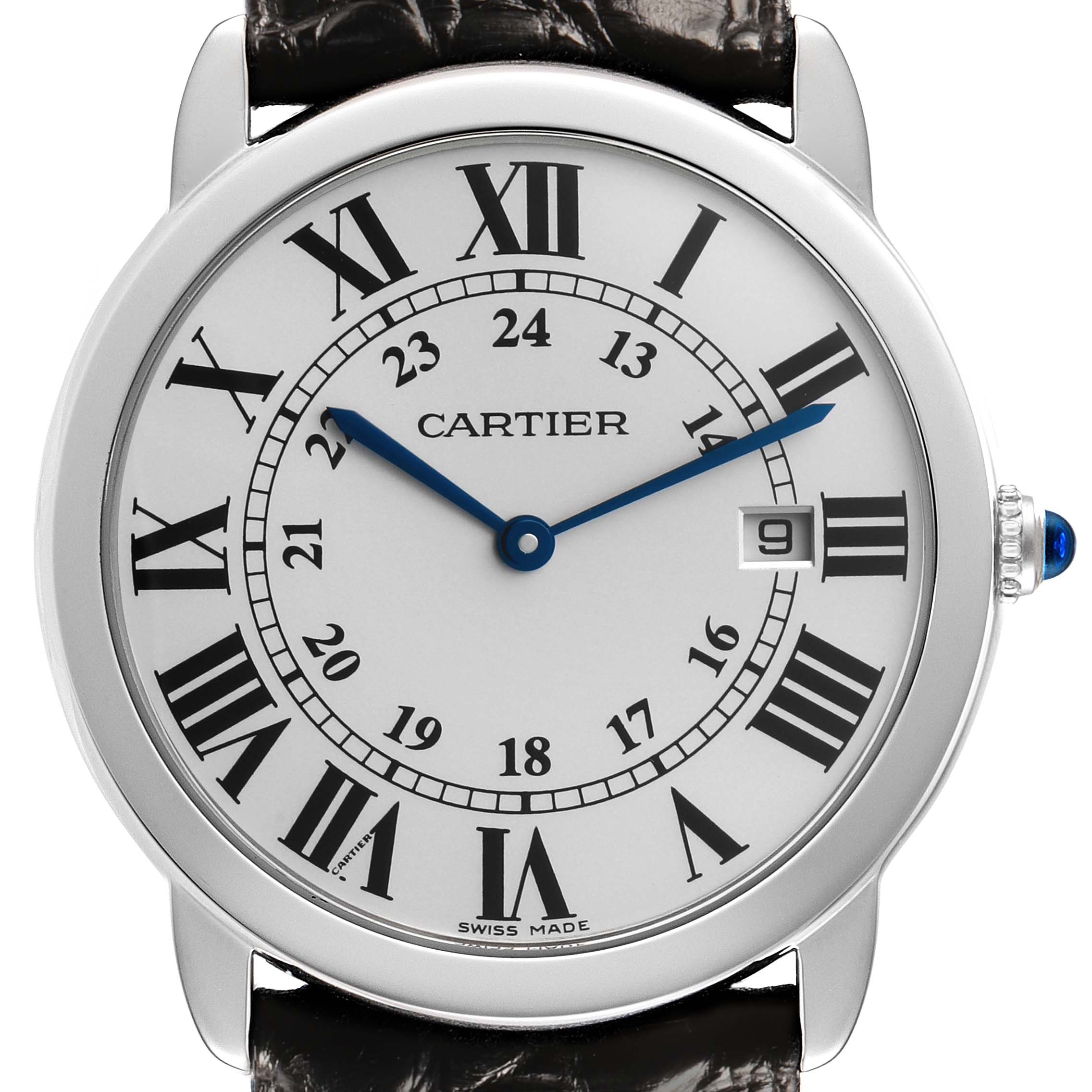 The Cartier Ronde W6700255 Men's Stainless Steel Silver Dial watch is shown from the front, featuring Roman numerals, a date window, and blue hands.