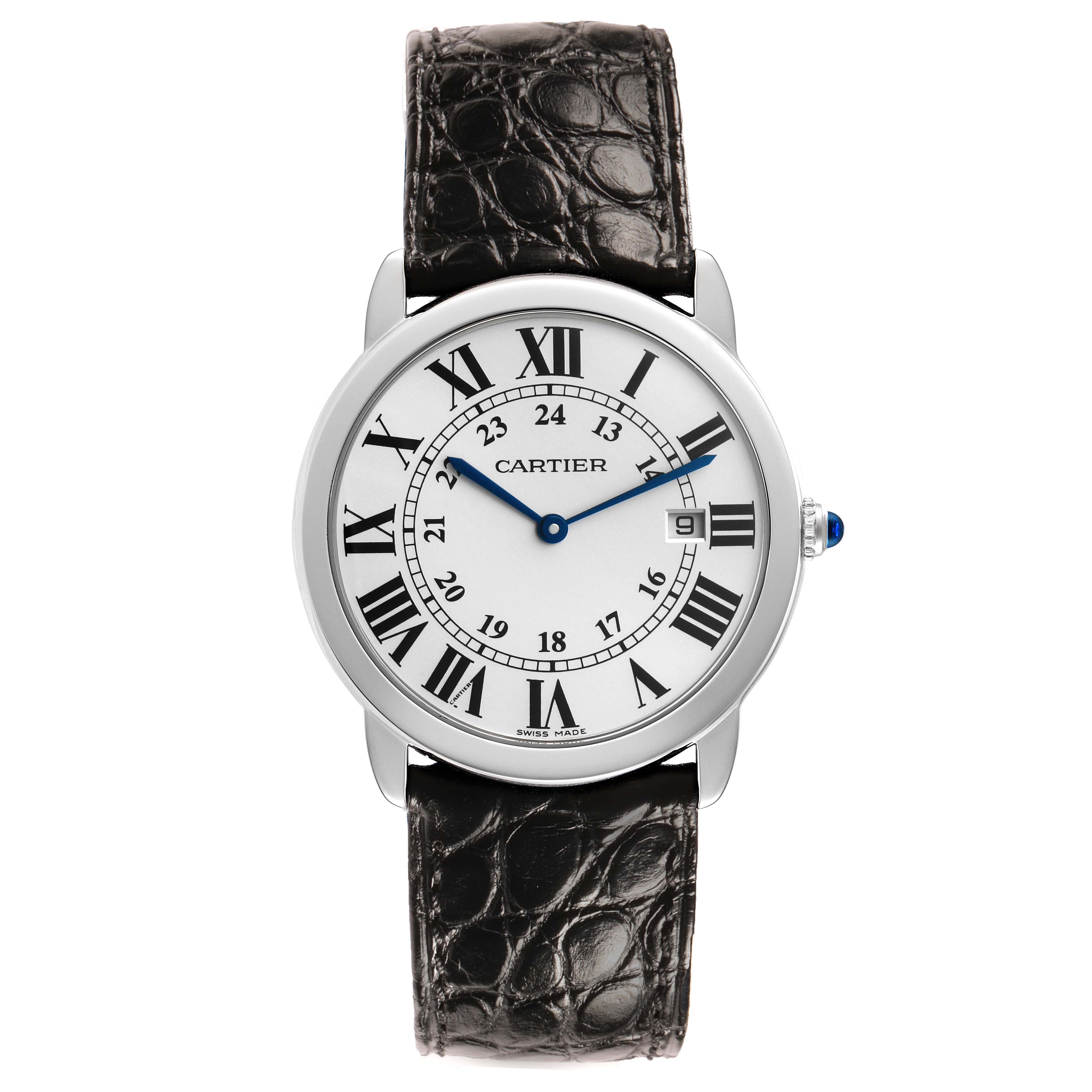 The Cartier Ronde W6700255 Mens Stainless Steel Silver Dial watch is shown from the front, displaying its face, leather strap, and blue hands.
