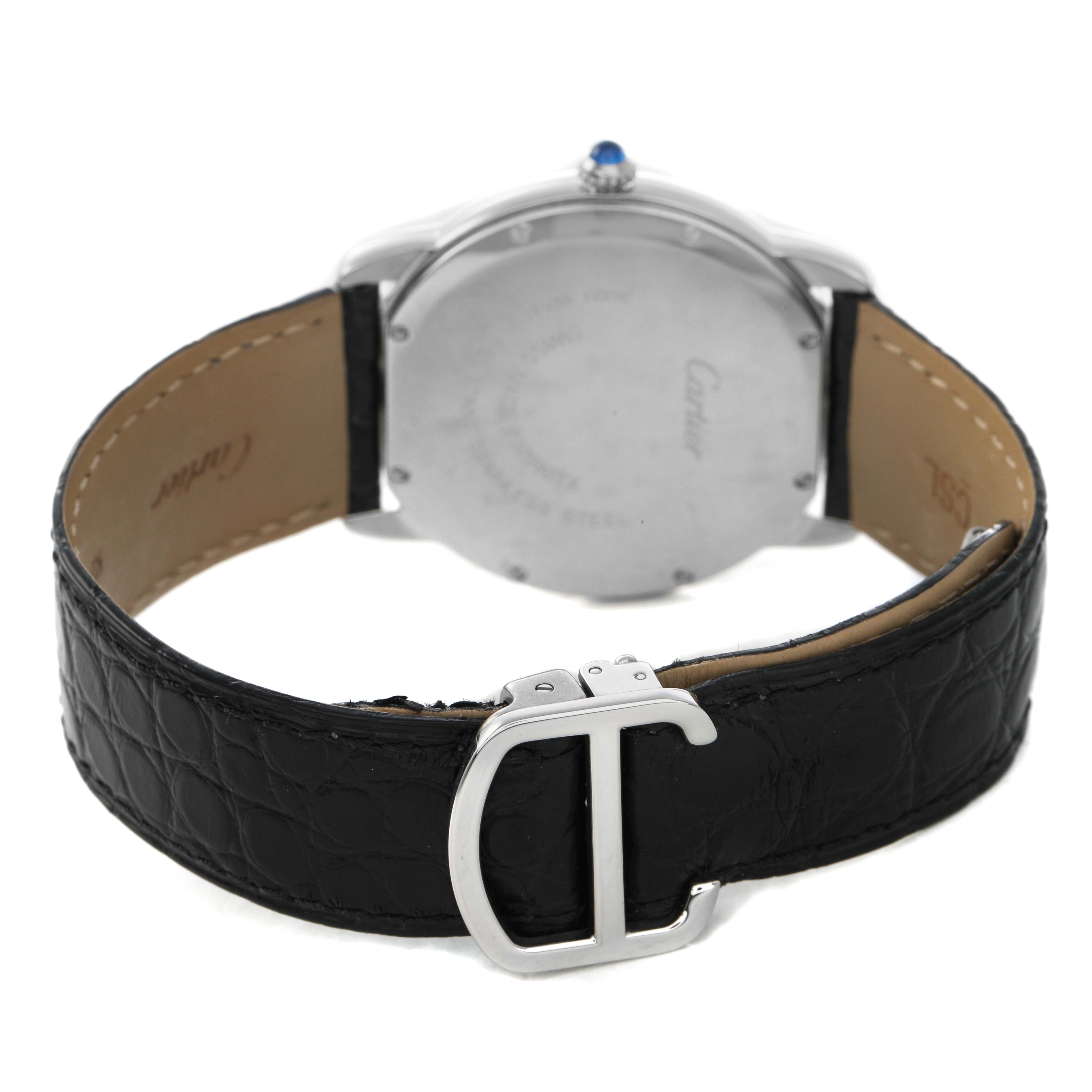 The image shows the back view of a Cartier Ronde W6700255 Men's Stainless Steel Silver Dial watch, highlighting its case back and leather strap with a buckle.