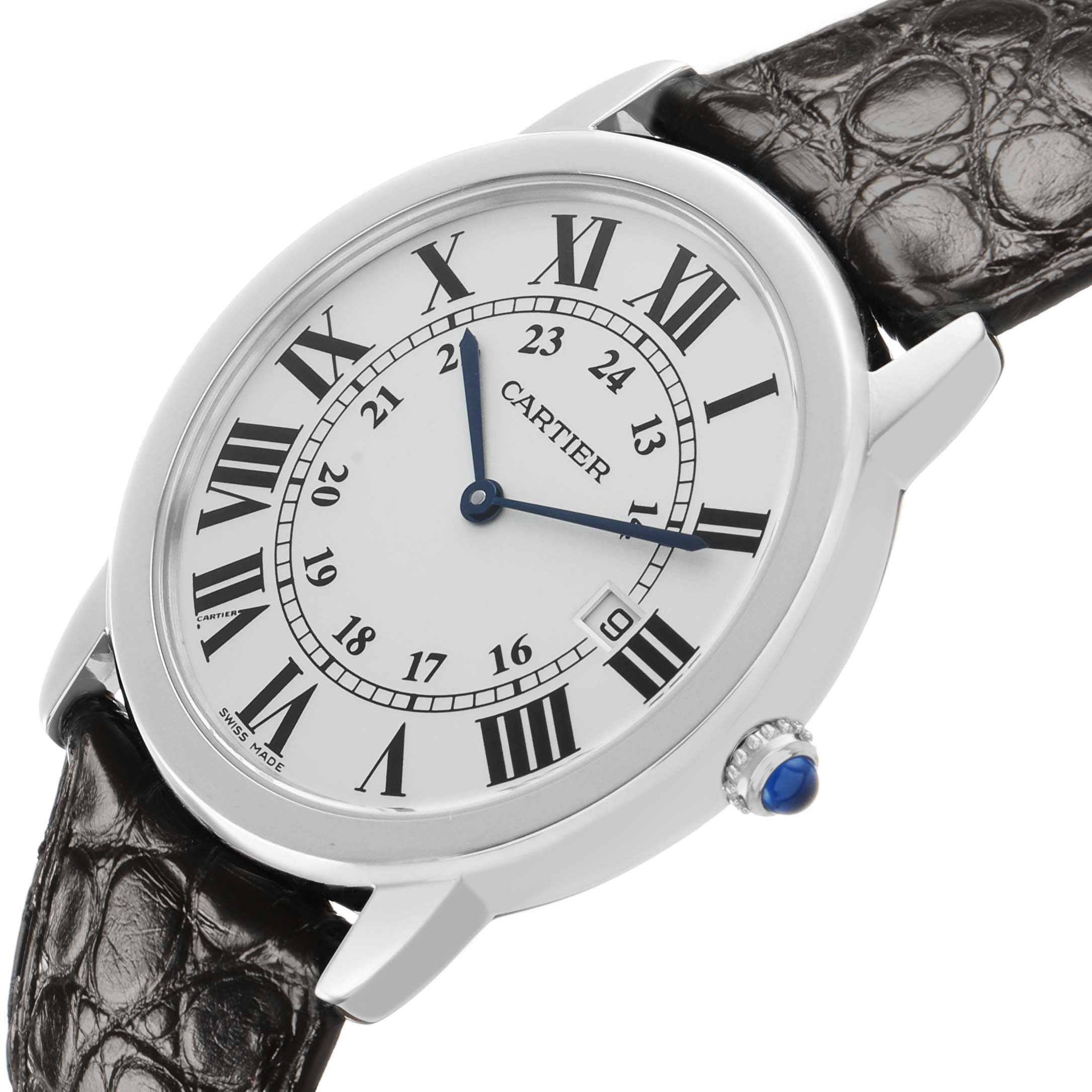The Cartier Ronde W6700255 Men's Stainless Steel Silver Dial watch is shown at a slight angle, displaying the face, Roman numerals, blue hands, leather strap, and crown.