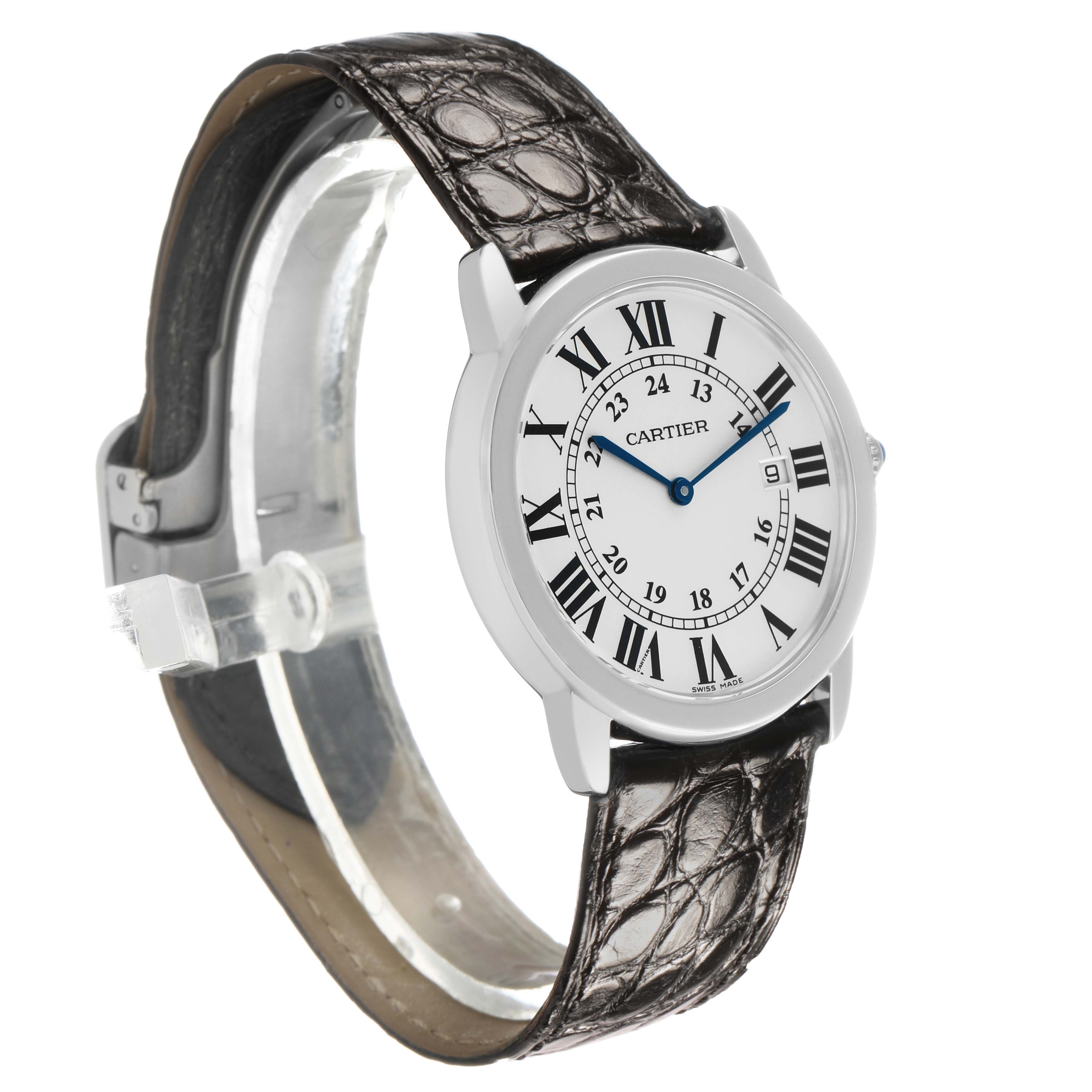 The Cartier Ronde W6700255 Men's Stainless Steel Silver Dial watch is shown at a 3/4 angle, displaying the face, Roman numerals, and leather strap.