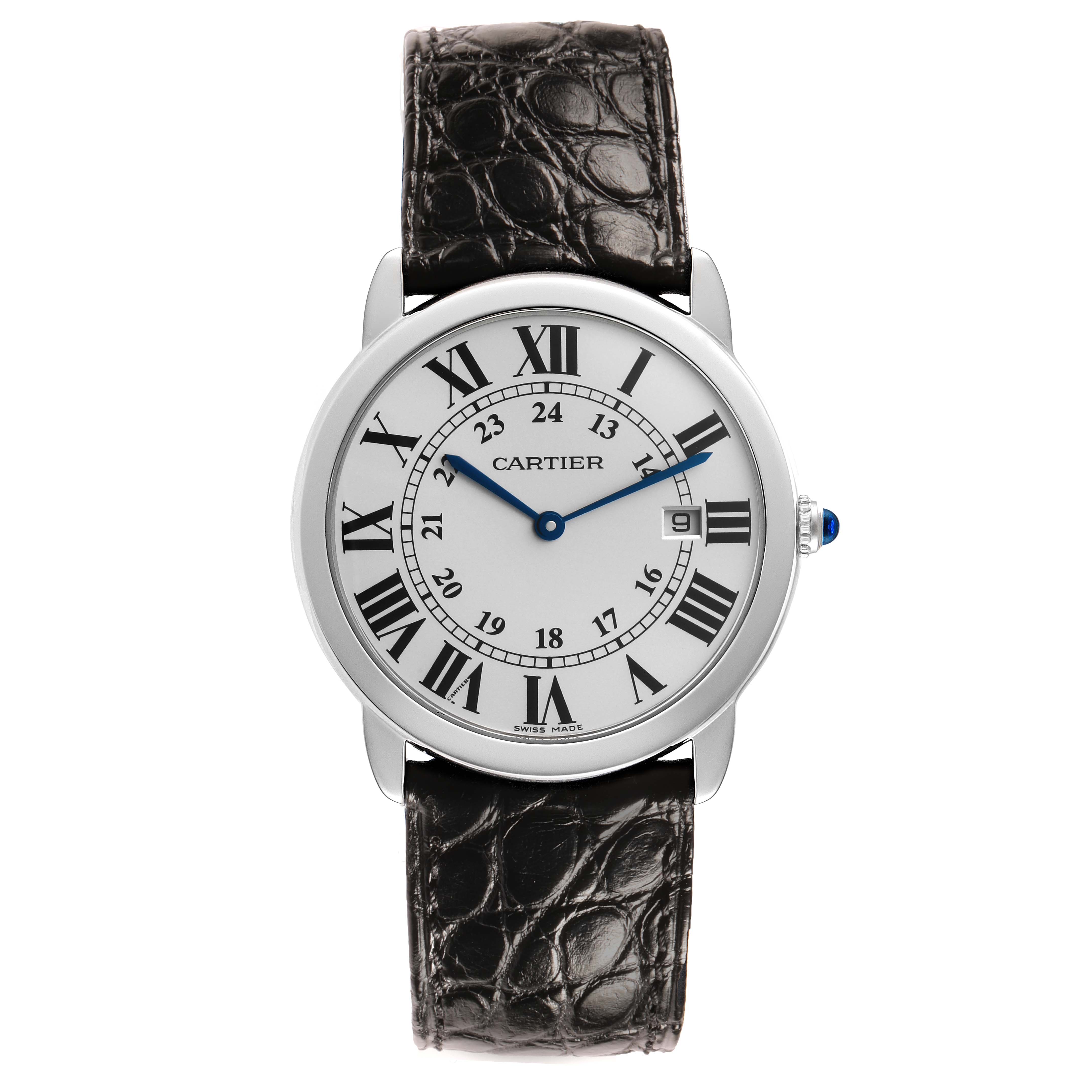 The Cartier Ronde W6700255 Men's Stainless Steel Silver Dial watch is shown from a front angle, displaying its face, Roman numerals, leather strap, and a blue-tipped crown.