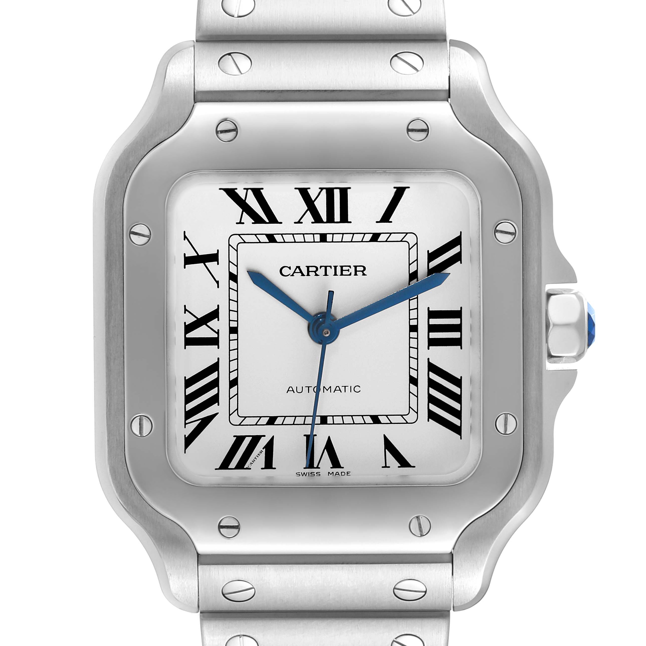 This image shows a close-up front view of the Cartier Santos WSSA0010 Men's Stainless Steel Silver Dial WSSA0010 Men's Stainless Steel Silver Dial watch, highlighting its square dial, Roman numerals, and blue hands.