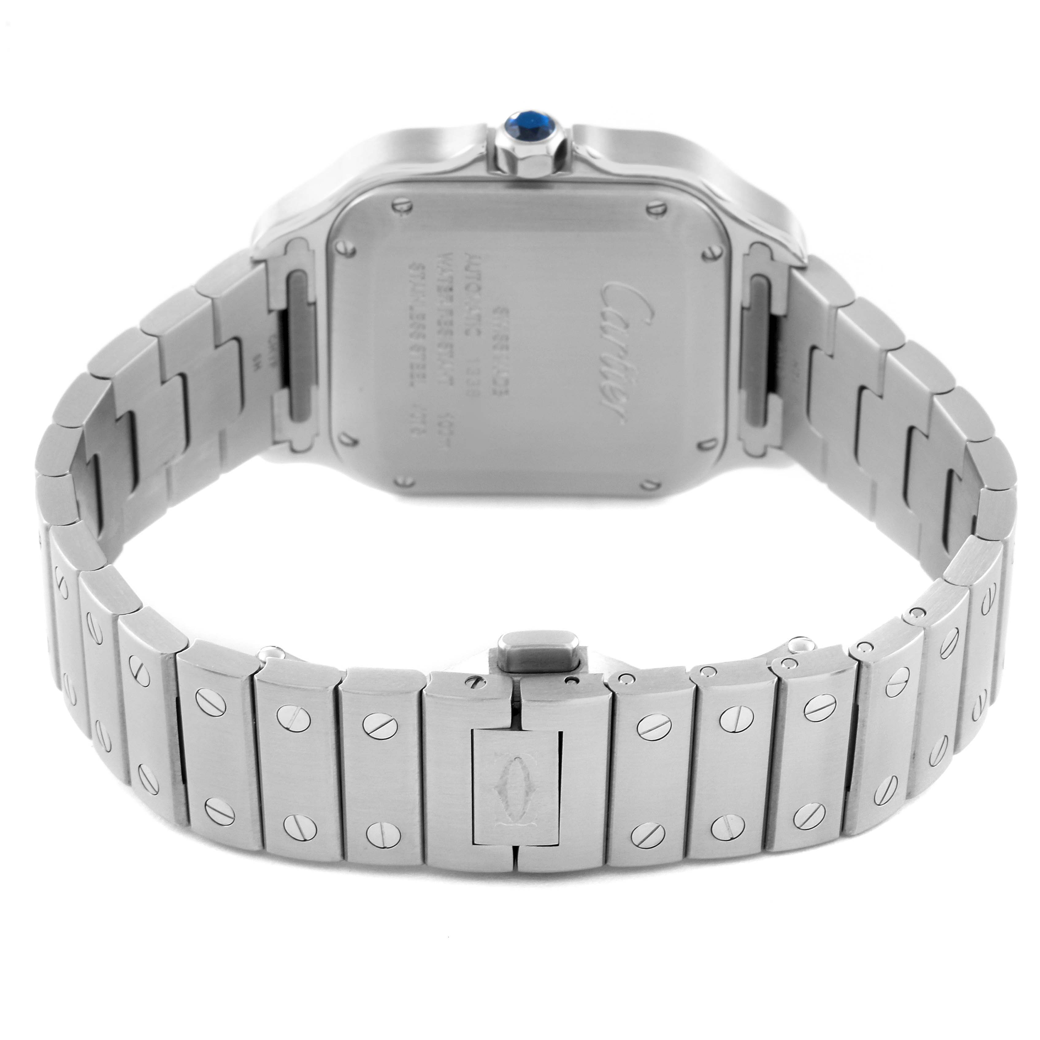 This image shows the back view of the Santos watch by Cartier, including the case back and metal bracelet.
