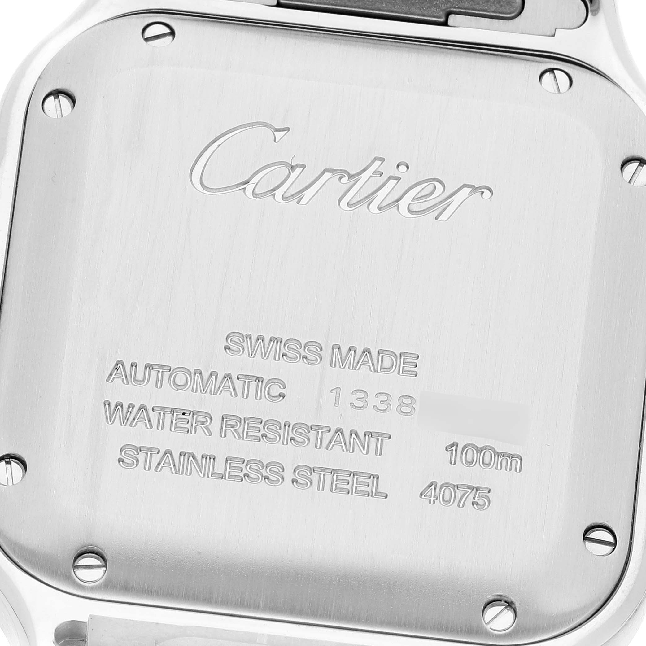 This image shows the case back of a Santos model watch by Cartier, detailing specifications like water resistance and material.