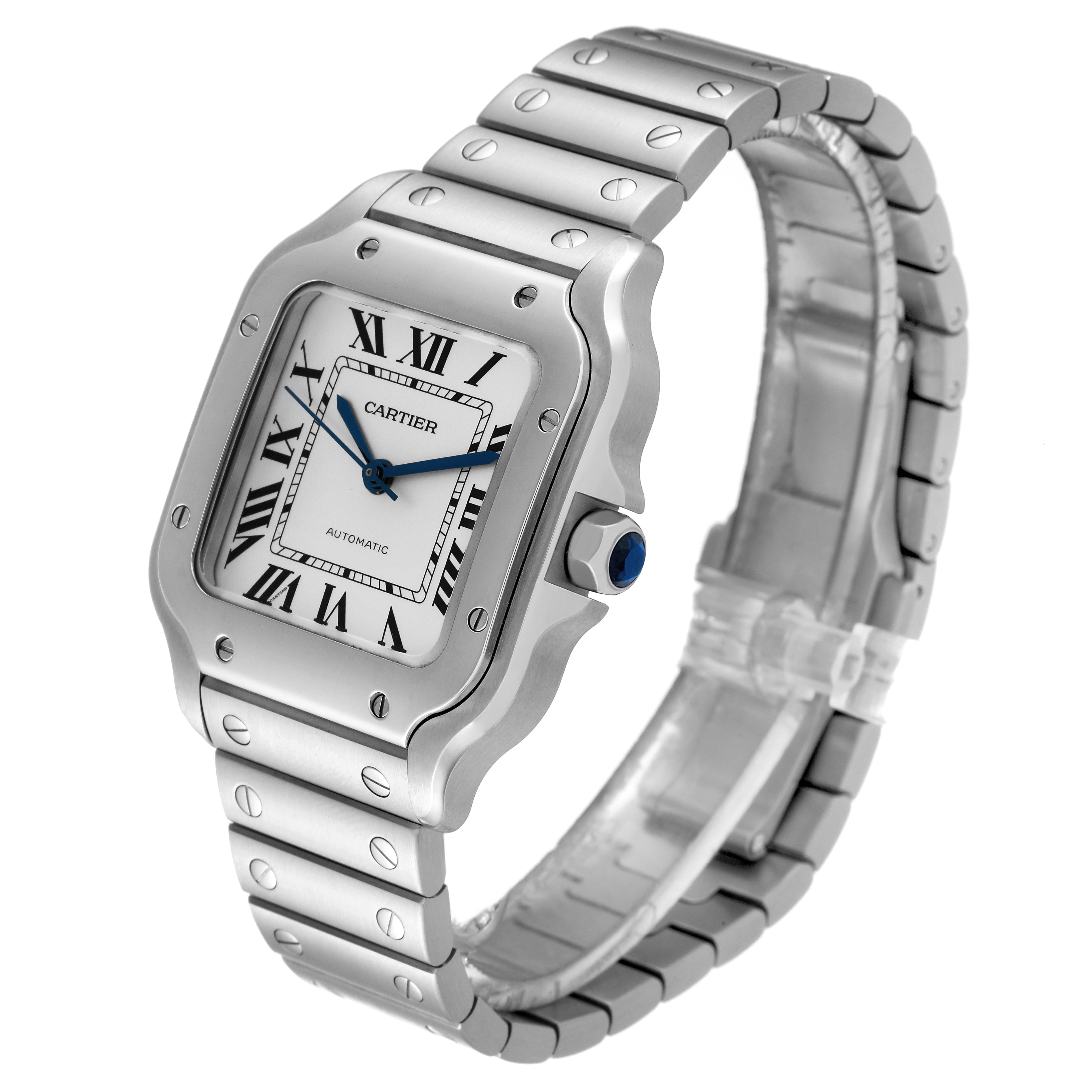 The Cartier Santos WSSA0010 Men's Stainless Steel Silver Dial WSSA0010 Men's Stainless Steel Silver Dial watch is shown at an angle displaying its face, bezel, crown, and bracelet.